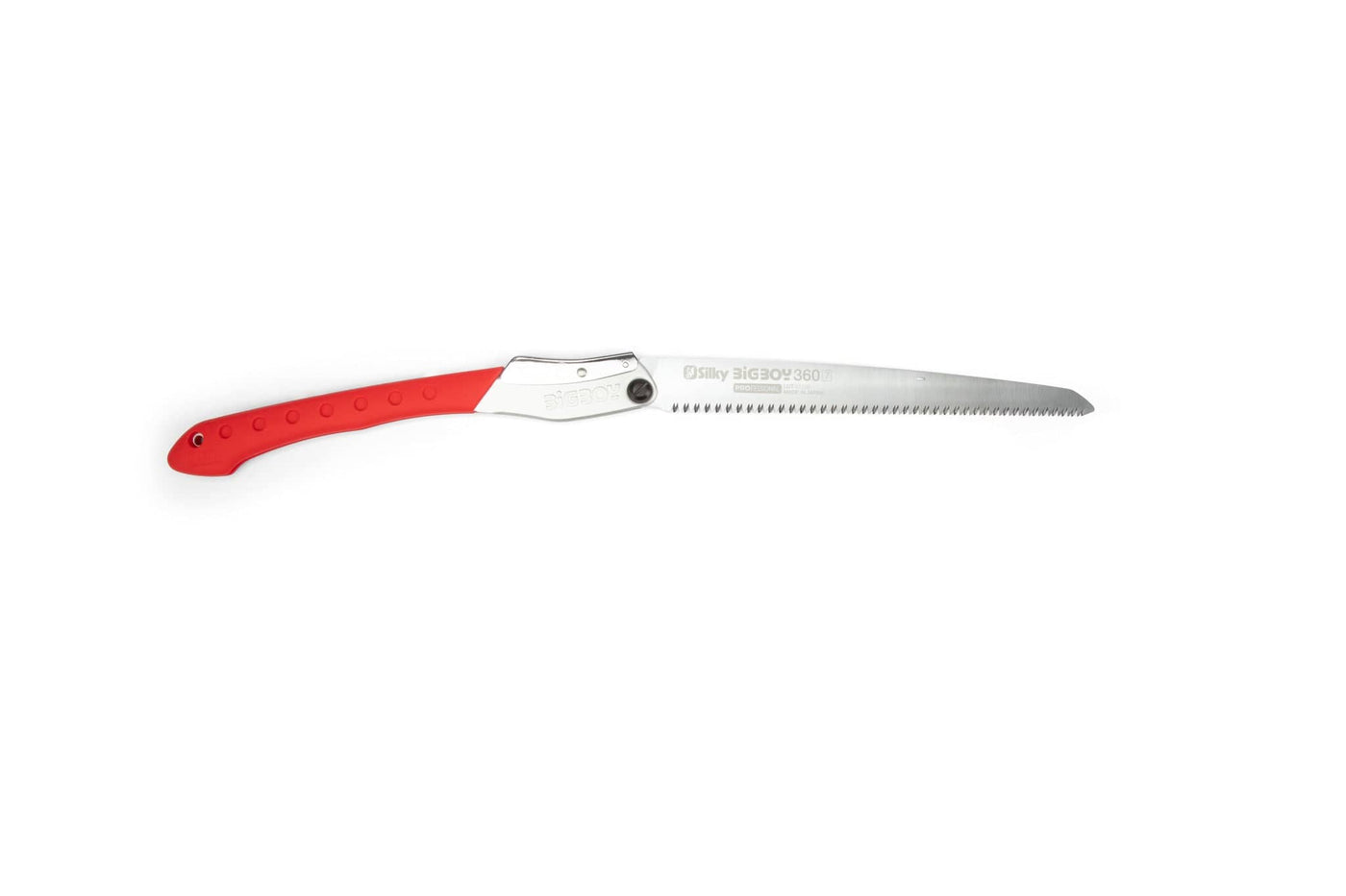 The SHT Silky Big Boy Saw features a red handle and a long, curved silver blade with sharp teeth for extended reach, making it ideal for large pruning tasks. Shown here against a white background.