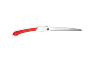 The SHT Silky Big Boy Saw features a red handle and a long, curved silver blade with sharp teeth for extended reach, making it ideal for large pruning tasks. Shown here against a white background.