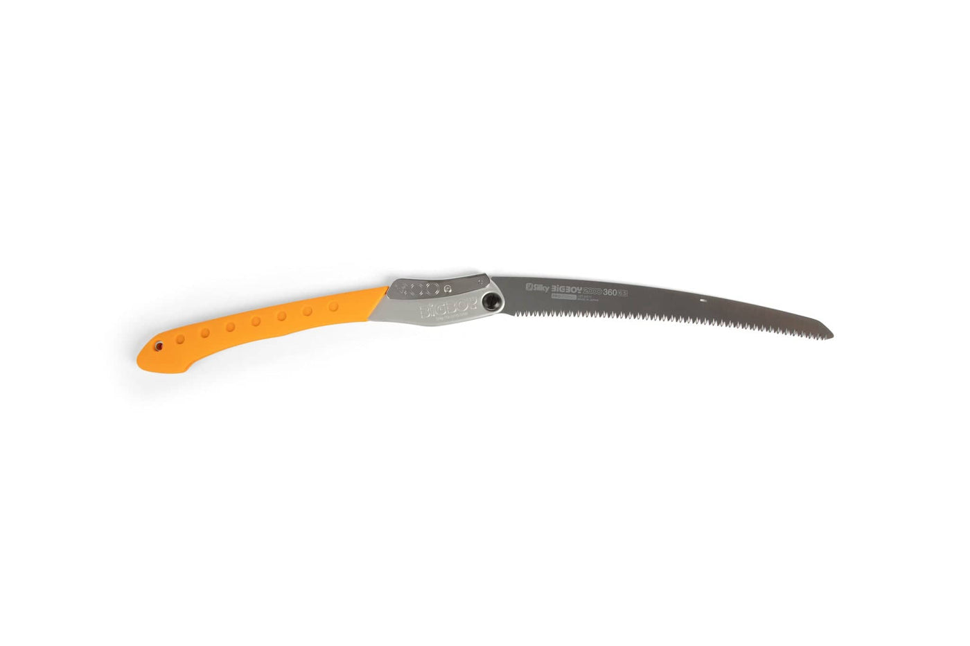 The SHT Silky Big Boy Saw is a large folding saw with an orange ergonomic handle and a curved, serrated metal blade, shown fully extended on a white background.