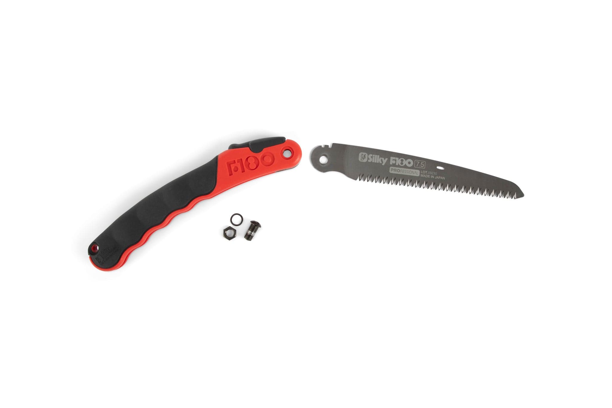 A disassembled sht Silky F180 Folding Saw with a red and black handle, separate interchangeable blades, and small hardware pieces is arranged on a white background.