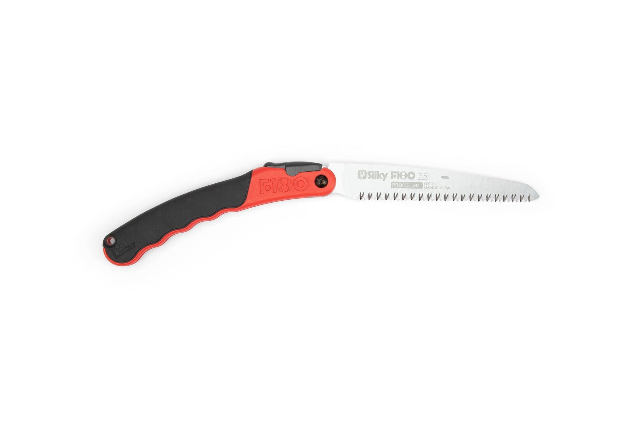 A sht Silky F180 Folding Saw with a black and red handle and sharp silver blade, partially extended. The Japanese pull saw design ensures efficient cutting, with "Silky F180" branding visible on the blade.