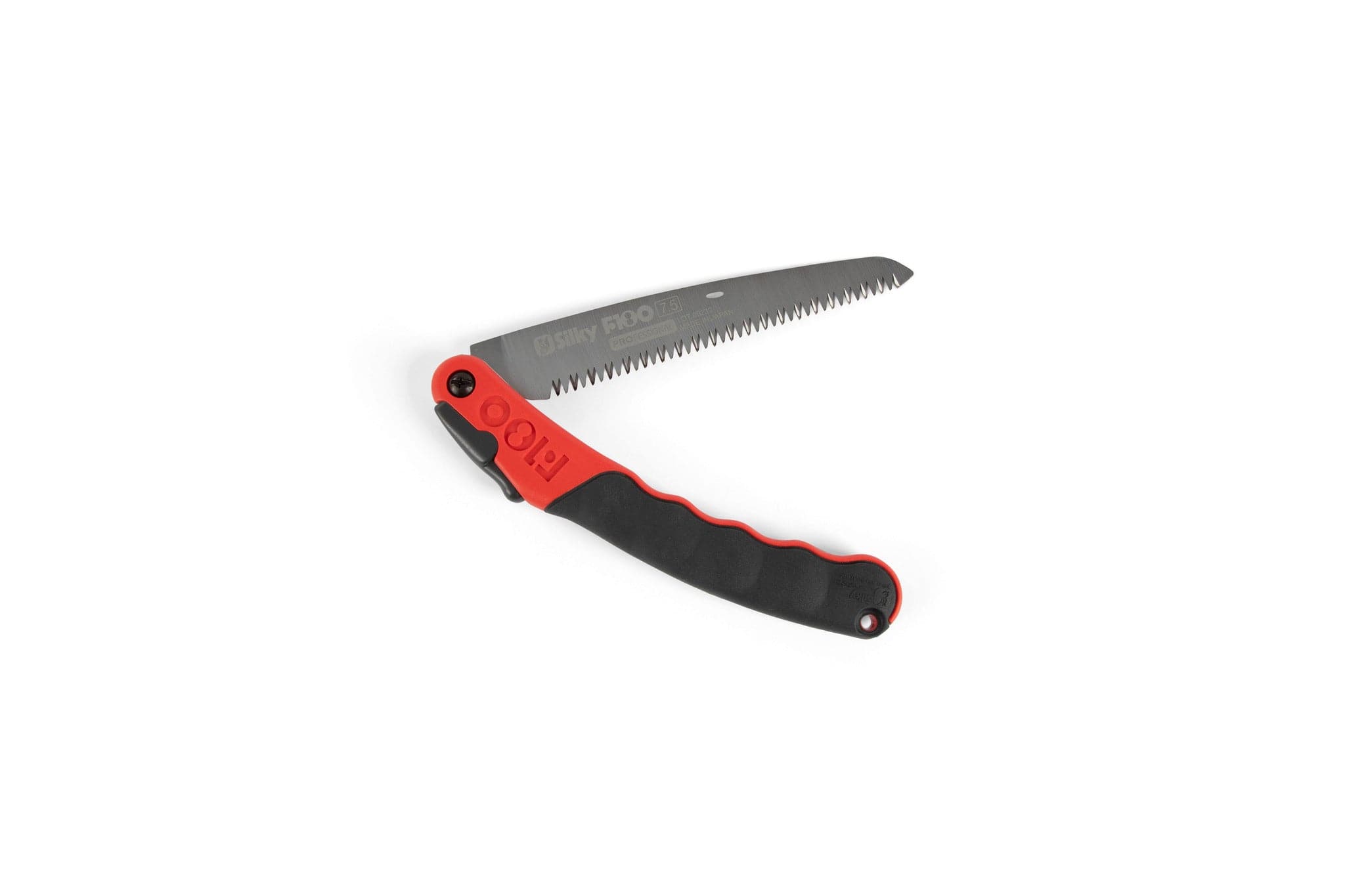 The sht Silky F180 Folding Saw, shown with a black and red handle and a partially unfolded silver blade with sharp teeth against a white background, highlights the precision of a Japanese pull saw.