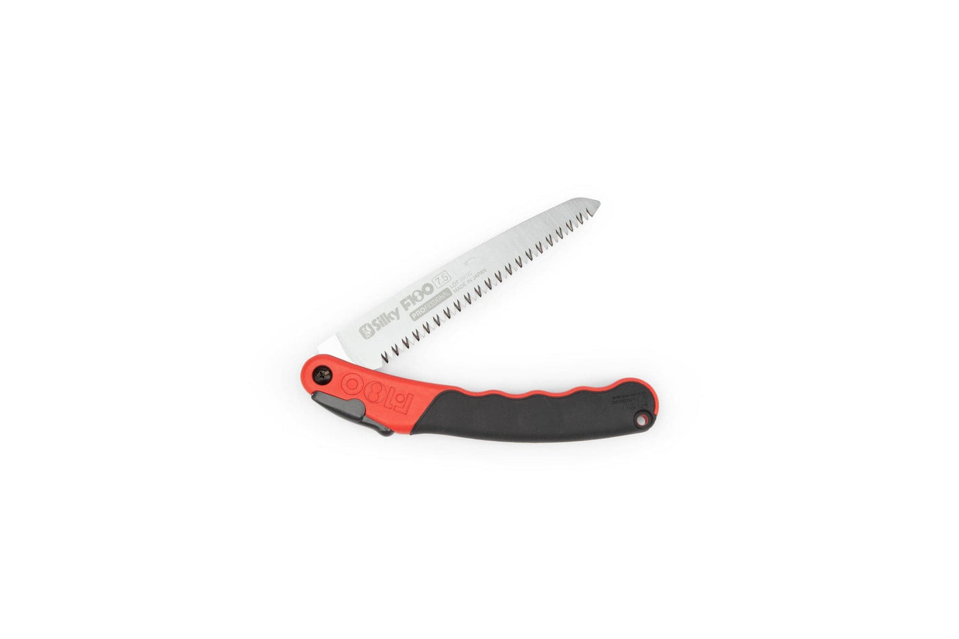 The sht Silky F180 Folding Saw features a silver blade and a black-and-red handle, shown partially open on a white background, blending Japanese pull saw efficiency with optional interchangeable blades.