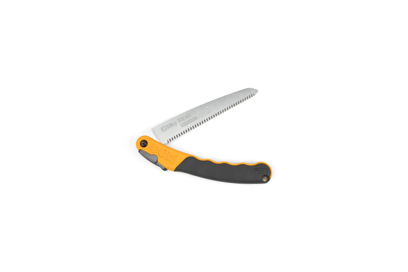 The sht Silky F180 Folding Saw features a black and orange handle with a silver serrated blade extended, highlighting the precision of Japanese pull saw design against a white background.