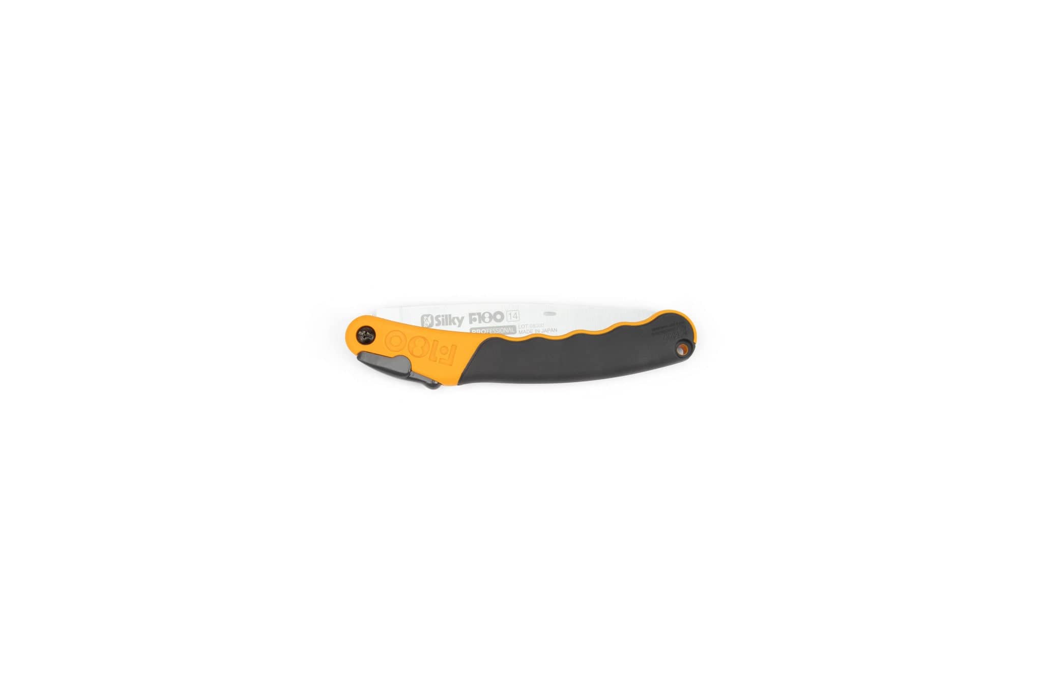 The sht Silky F180 Folding Saw, featuring a sleek black handle with yellow accents and a partially visible silver blade, is displayed horizontally against a white background, highlighting the Japanese pull saw's modern design.