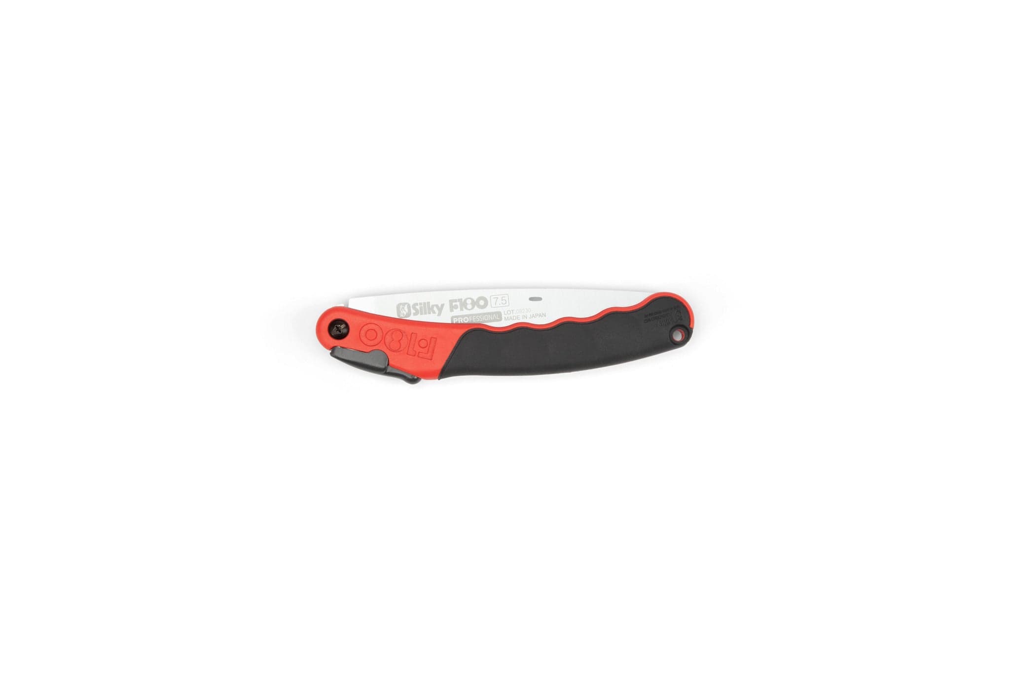 A sht Silky F180 Folding Saw with a curved blade and red and black handle is shown closed against a white background. The saw features the brand name "sht Silky F180" printed on its blade.