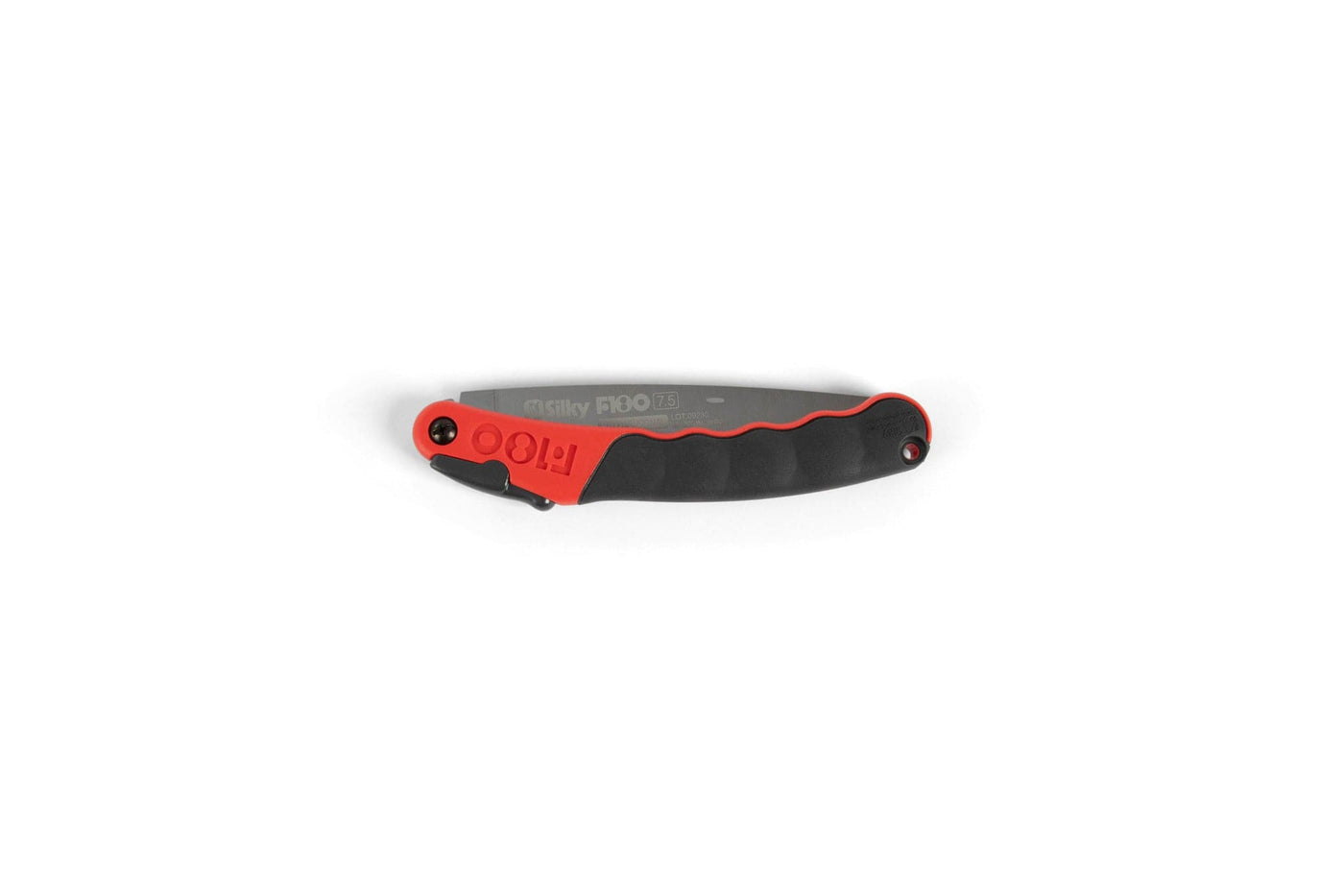 The sht Silky F180 Folding Saw, shown closed with a black and red handle on a white background, features interchangeable blades for added versatility.