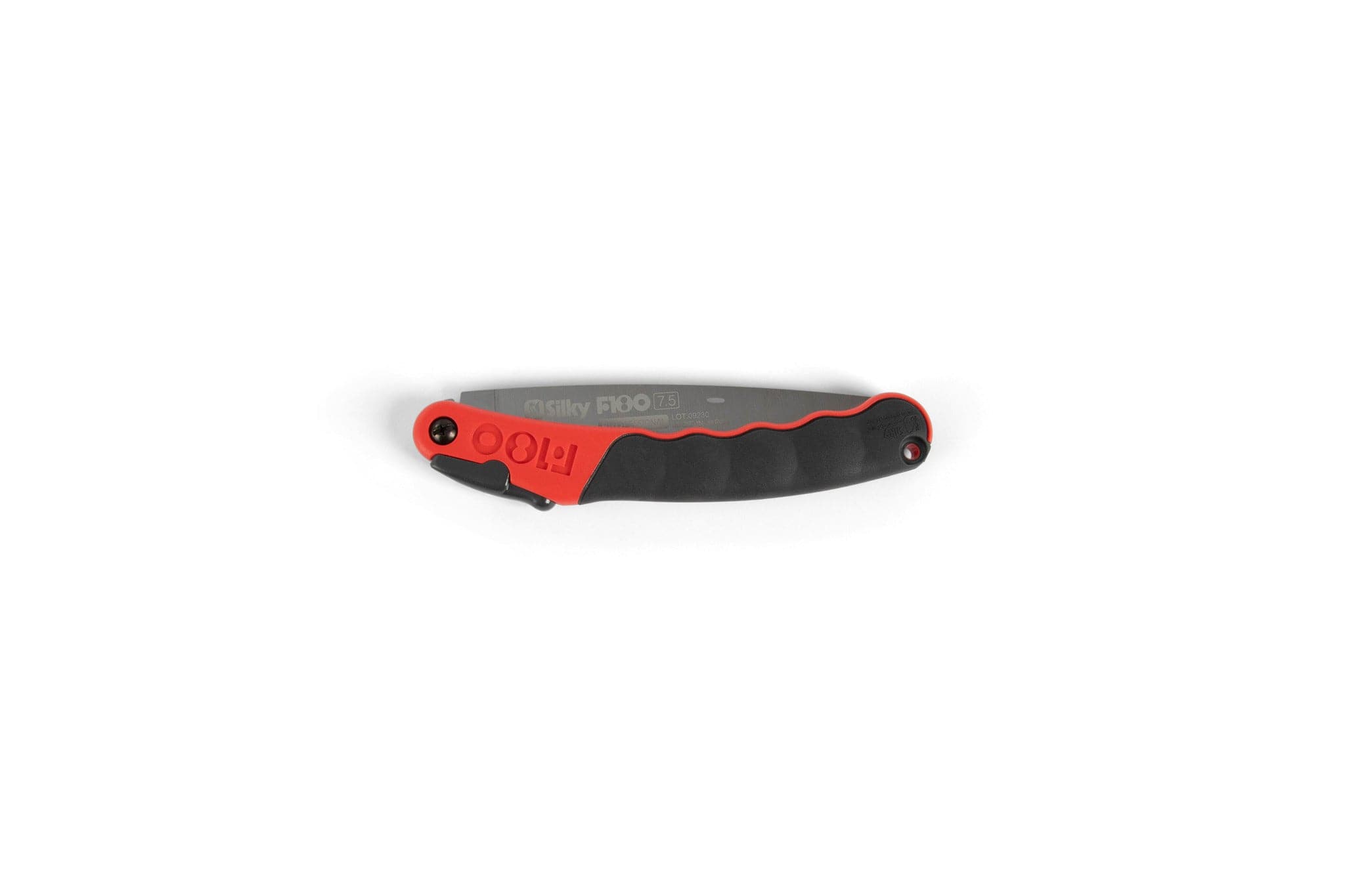 The sht Silky F180 Folding Saw, shown closed with a black and red handle on a white background, features interchangeable blades for added versatility.