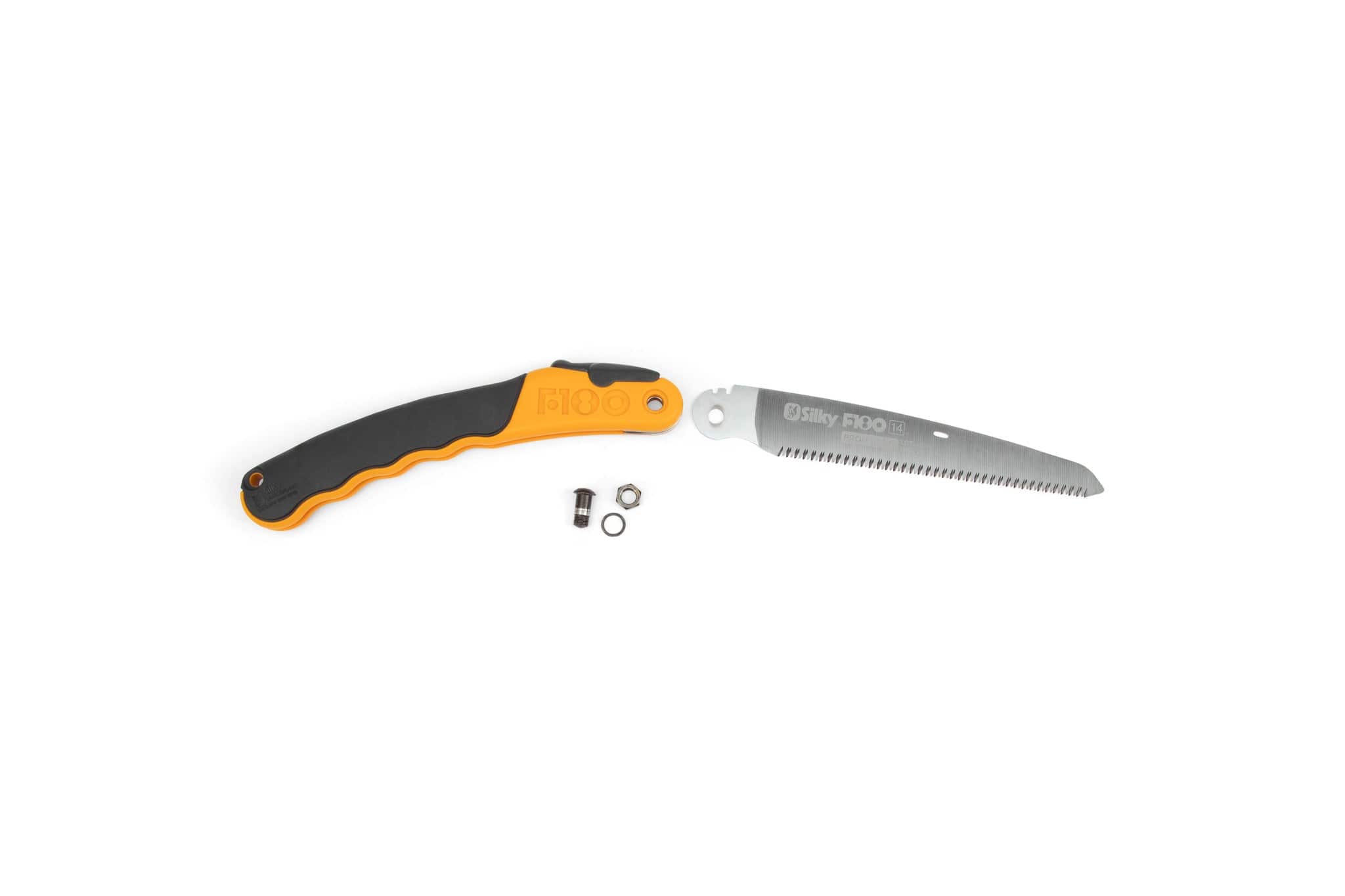 A sht Silky F180 Folding Saw, featuring an orange and black handle, silver serrated blade, and three small metal parts (bolt, nut, washer), is displayed on a white background—highlighting Japanese pull saw design.