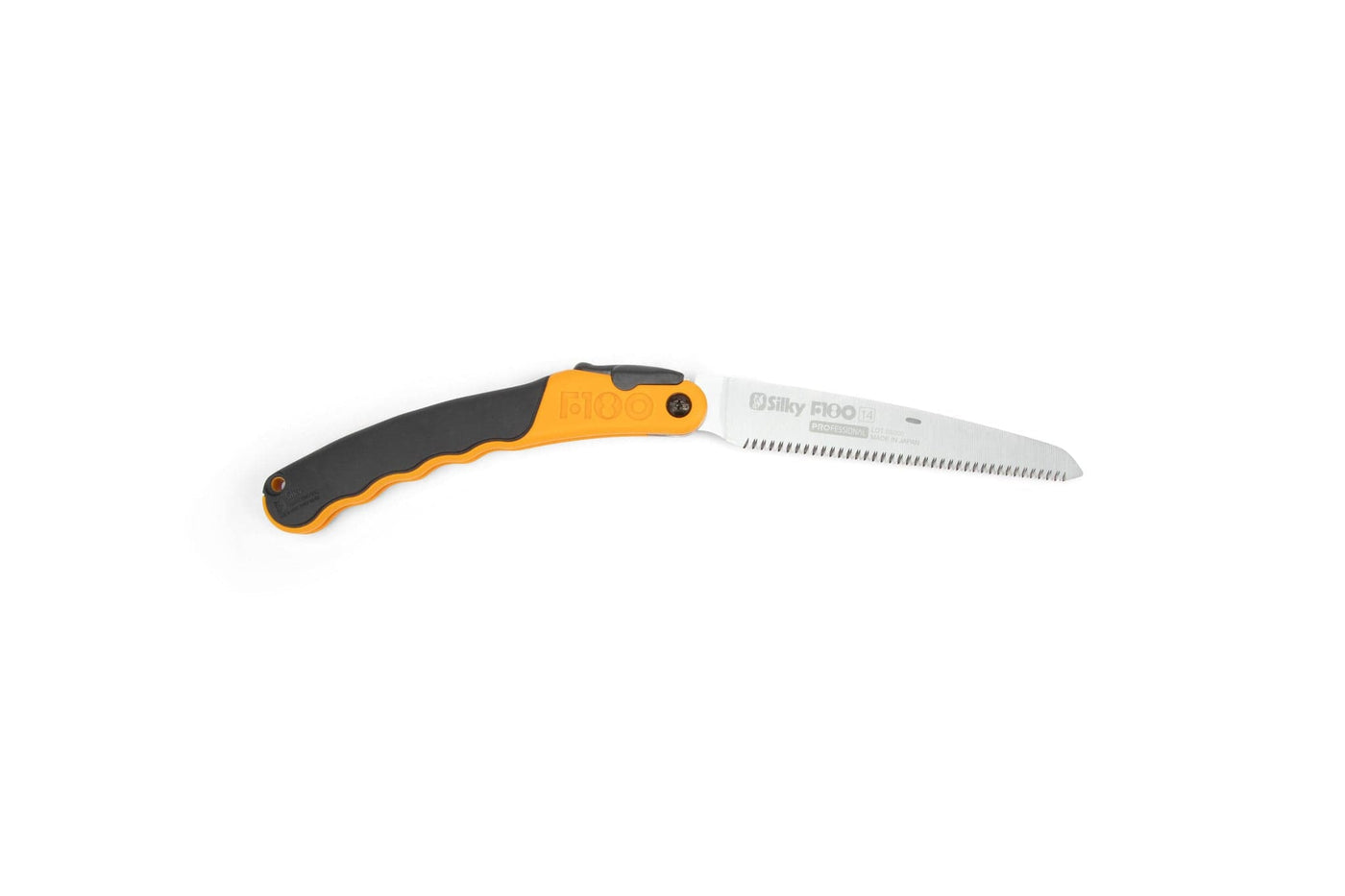 The sht Silky F180 Folding Saw features a black and orange handle and an exposed silver serrated blade in the Japanese pull saw style, shown against a white background.