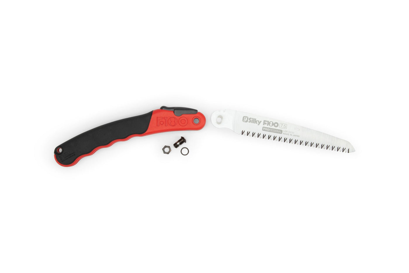 The sht Silky F180 Folding Saw features a black and red handle, silver serrated blade, and two small metal parts with a screw, displayed on a white background—ideal for fans of Japanese pull saws with interchangeable blades.