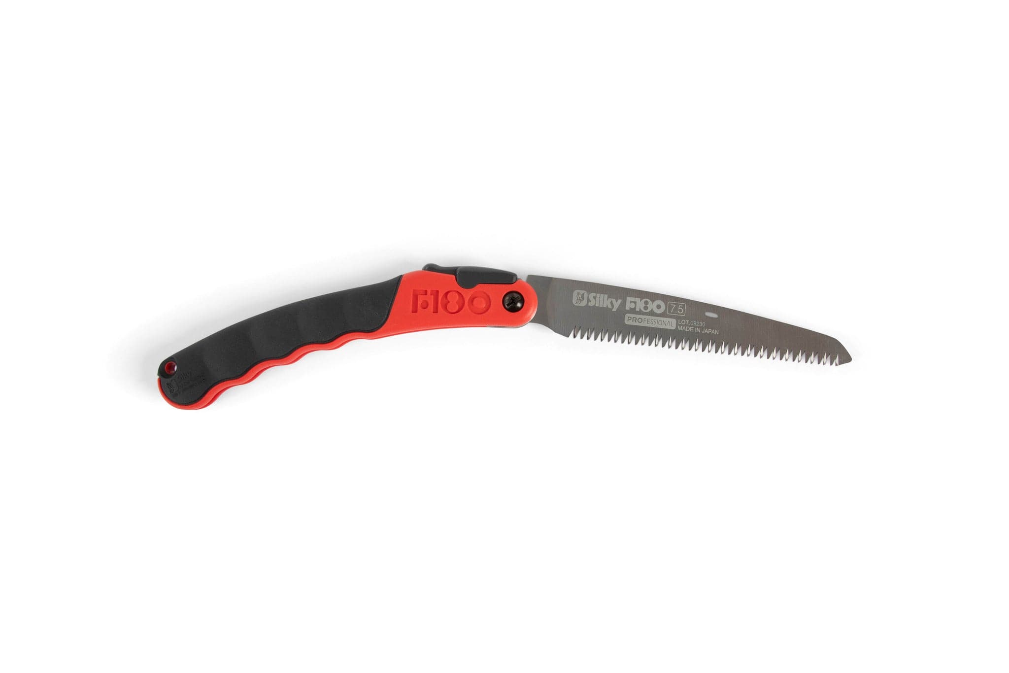 The sht Silky F180 Folding Saw features a black and red ergonomic handle, partially serrated silver blade, secure locking mechanism, and provides precise cuts for outdoor tasks.
