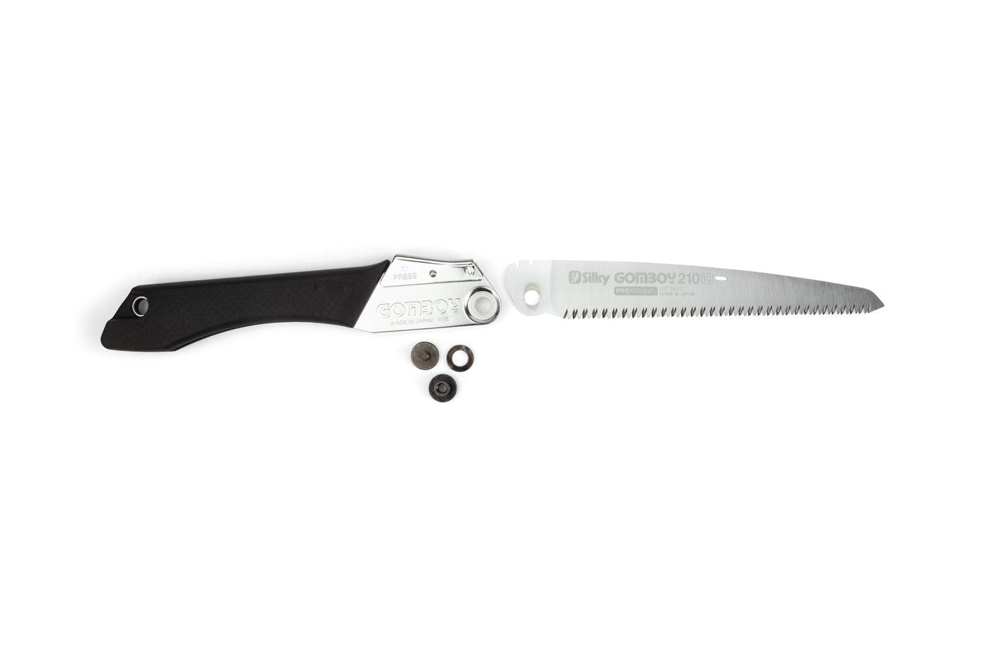 A SHT Silky Gomboy 210mm folding saw with a black handle and partially extended silver blade is shown on a white background, accompanied by two small circular components and a screw placed in front of the saw.