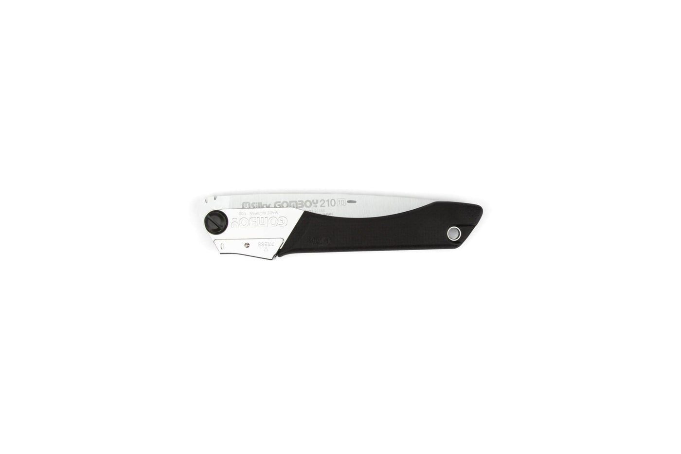 A folding pocket knife with a partially visible blade and black handle, shown on a white background—its compact design is as portable as the SHT Silky Gomboy 210mm folding saw.