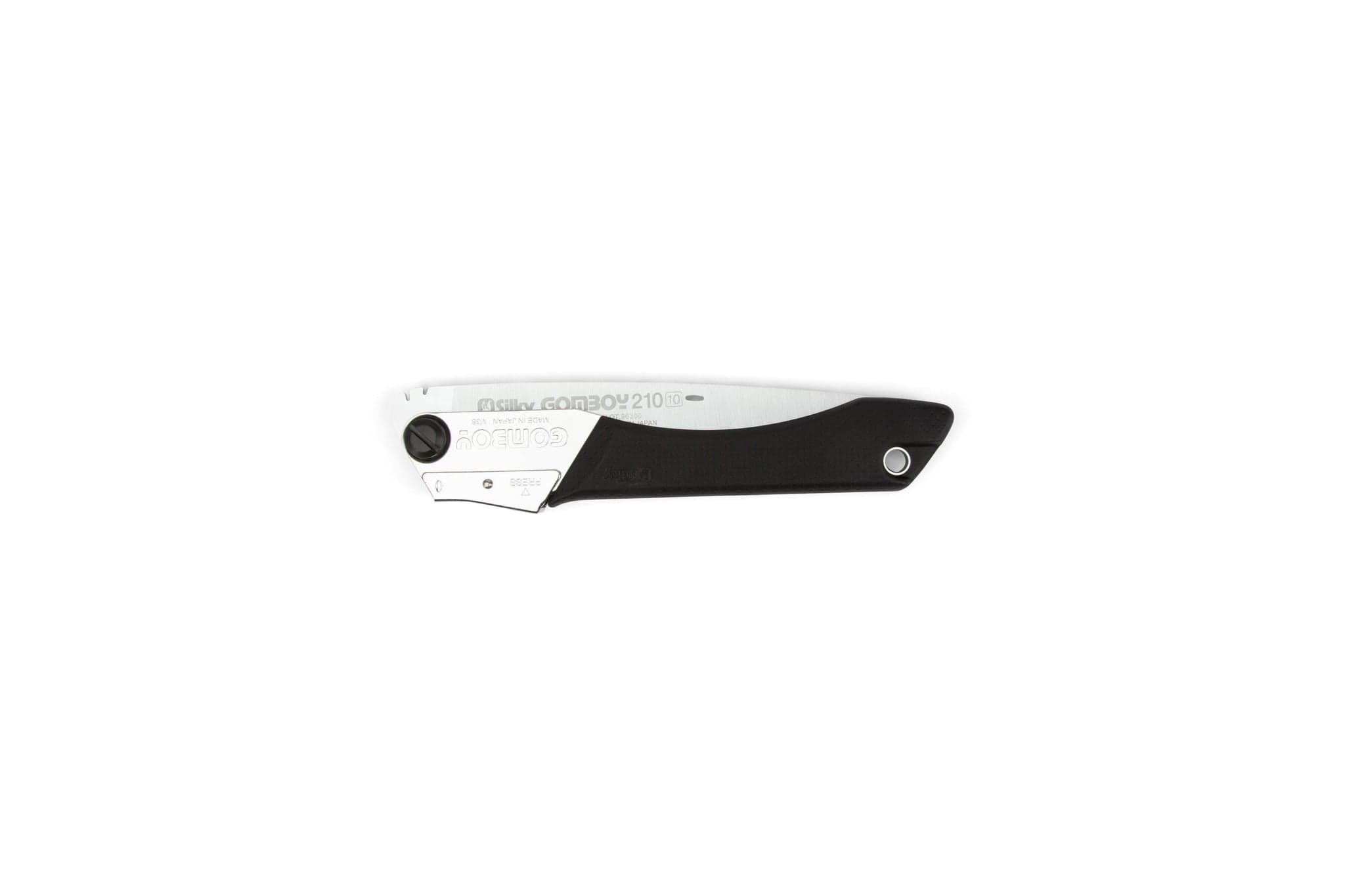 A folding pocket knife with a partially visible blade and black handle, shown on a white background—its compact design is as portable as the SHT Silky Gomboy 210mm folding saw.