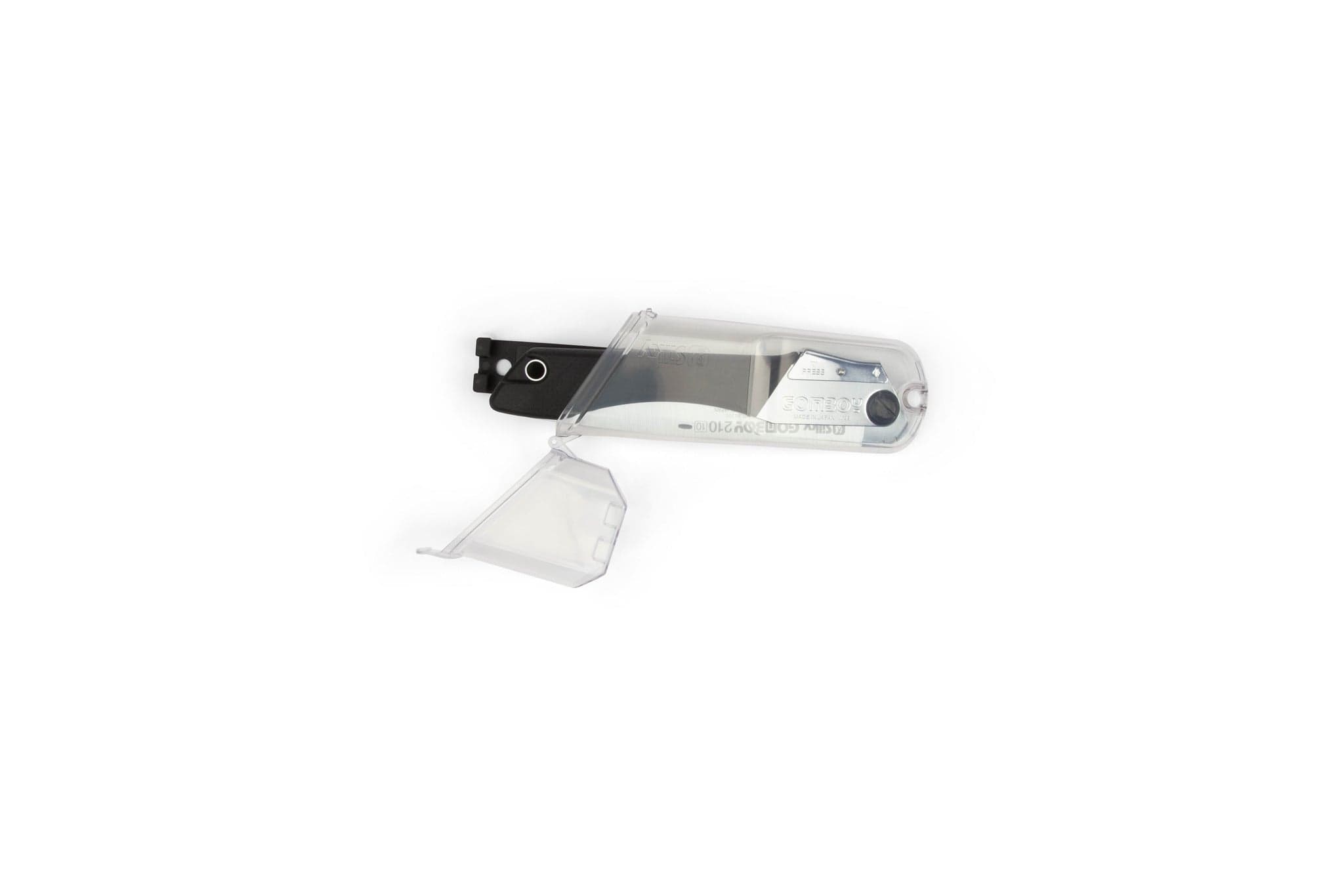 A transparent plastic bike chain cleaner with a hinged lid, black handle similar to the Silky Gomboy 210mm by SHT, and visible internal brushes is shown on a white background.