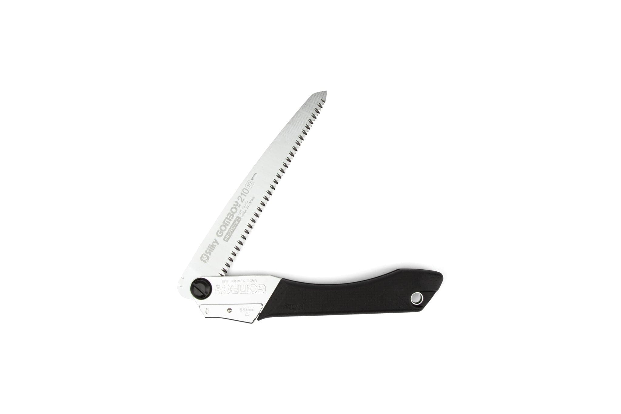 A SHT Silky Gomboy 210mm folding saw with a silver blade partially extended and black handle. Its sharp, jagged teeth make this portable saw ideal for cutting wood.