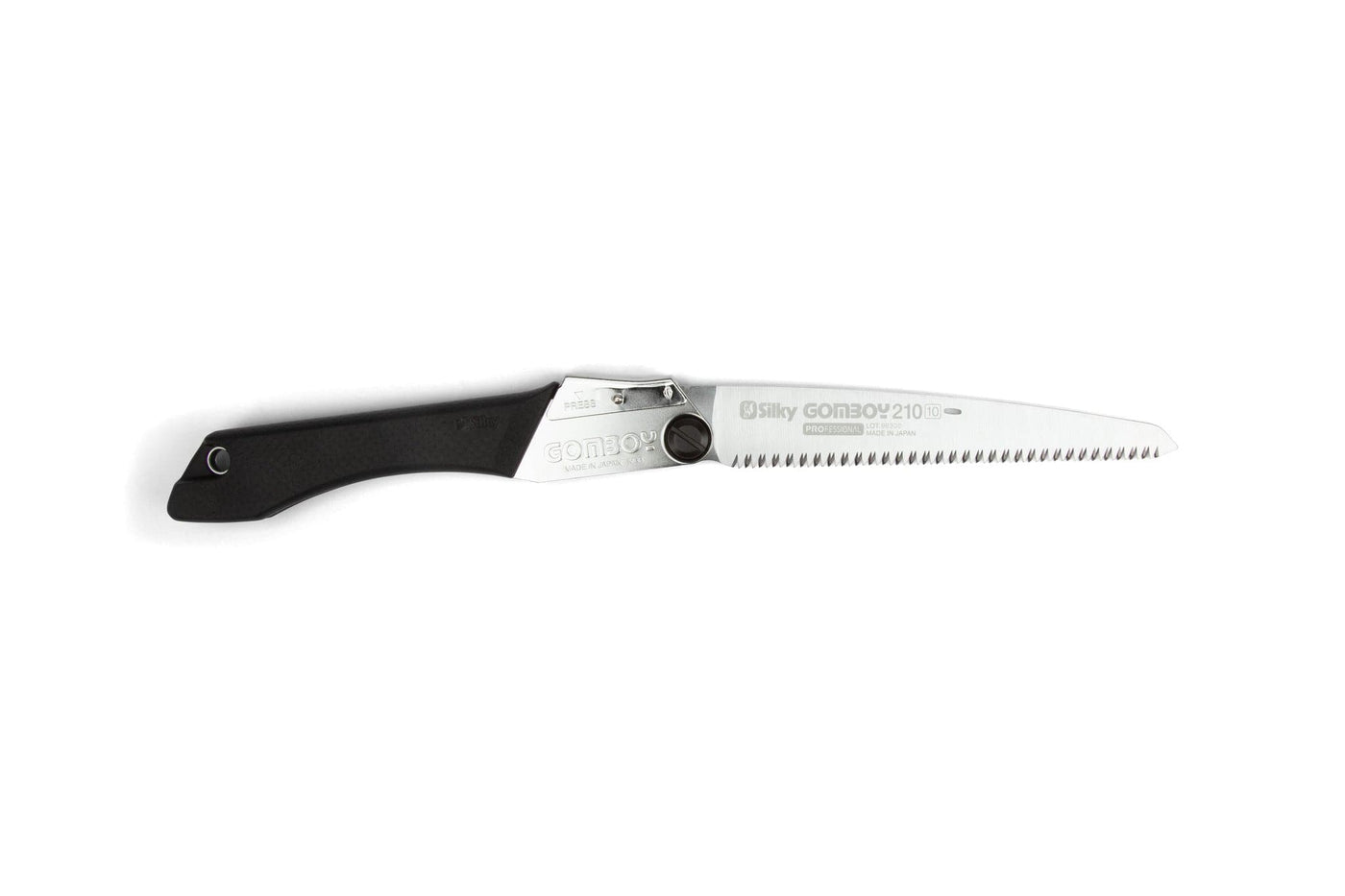 The SHT Silky Gomboy 210mm folding saw features a black handle, silver blade, and sharp teeth—making it a portable and reliable tool for outdoor tasks.