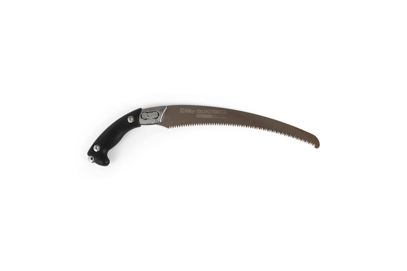 The SHT Silky IBUKI 390mm is a curved, folding pruning saw with a black handle and silver blade, shown fully extended on a white background.