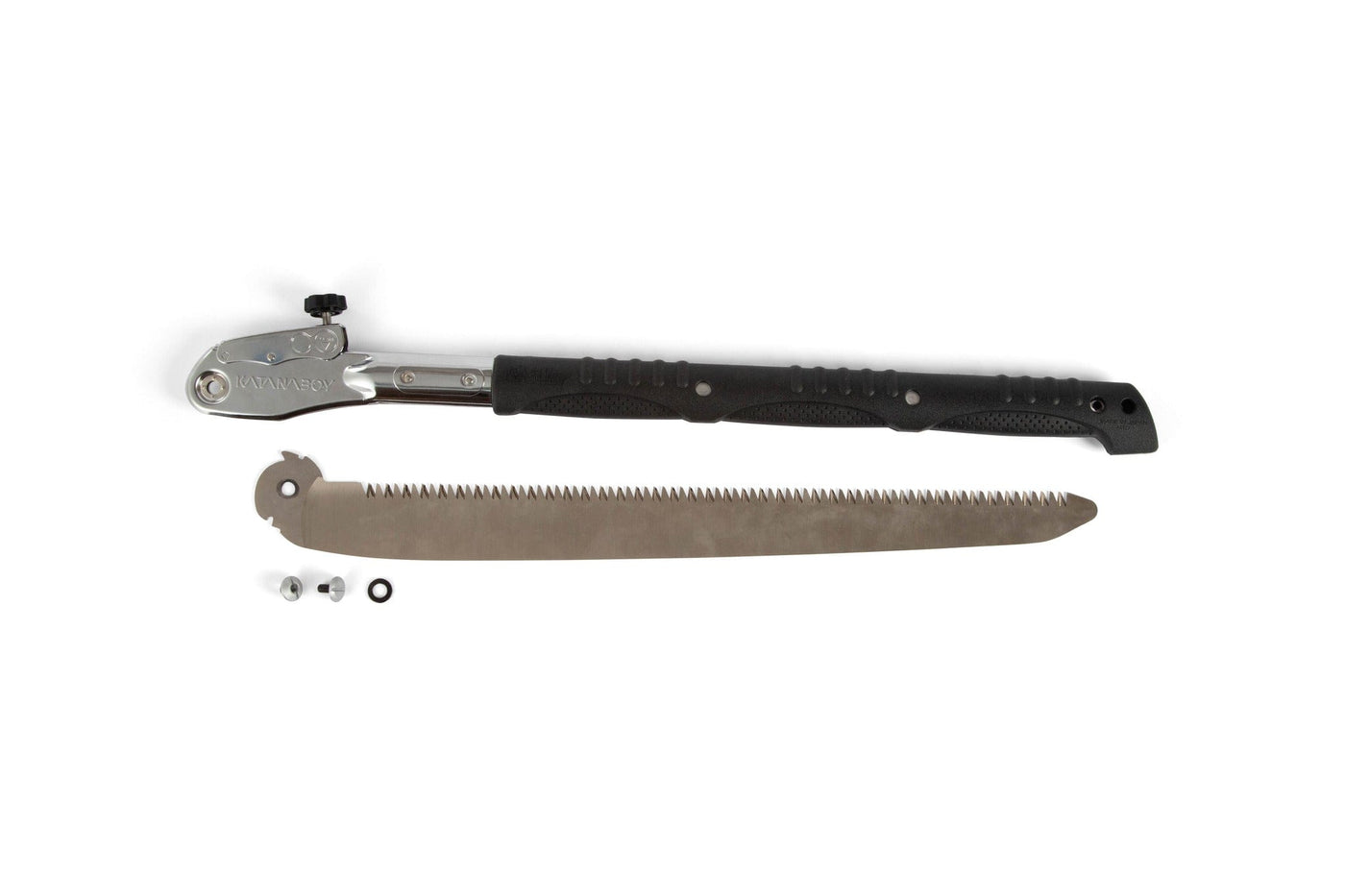 A SHT Silky Katana Boy folding saw with a black handle, a separate serrated blade, a washer, and two small screws, all displayed on a white background.