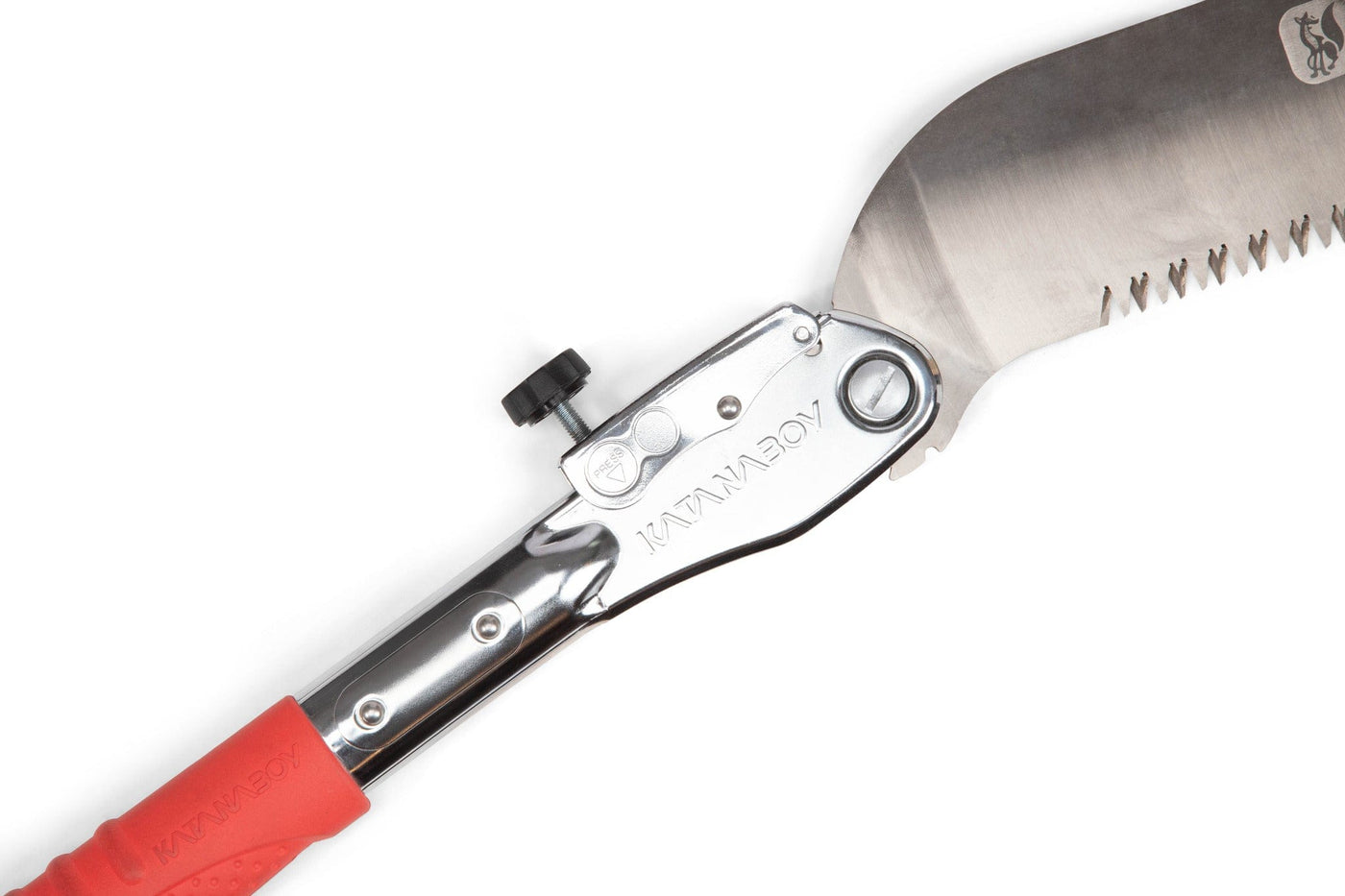 A close-up of a partially open Silky Katana Boy folding saw by SHT, featuring a red handle, metal hinge, locking mechanism, and serrated stainless steel blade showing the SHT brand name on the metal.