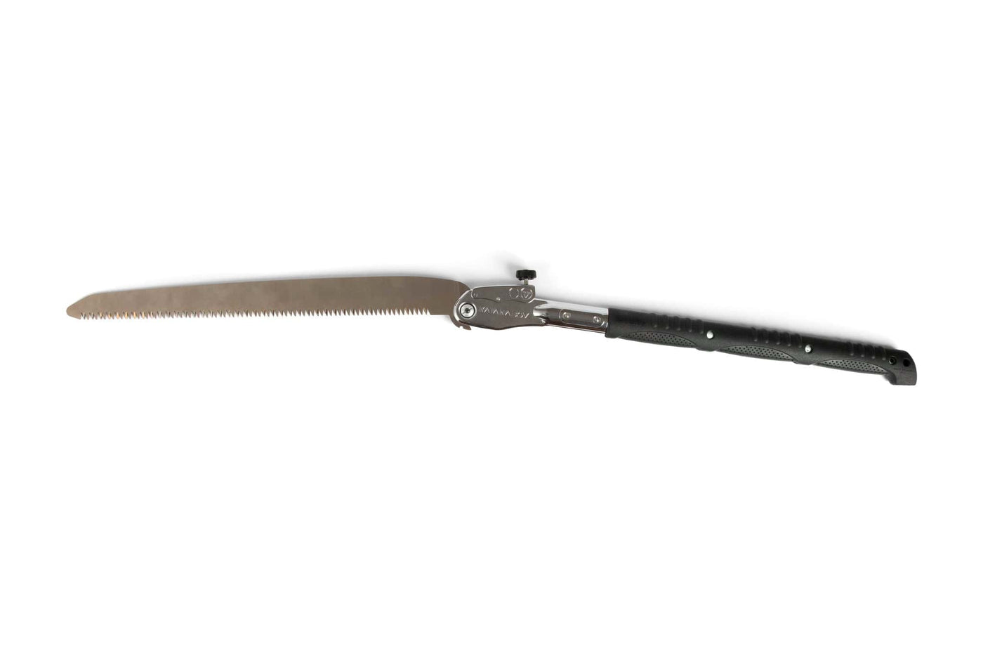 The SHT Silky Katana Boy is a folding saw with a curved, serrated metal blade and a black textured handle, shown fully extended against a white background.