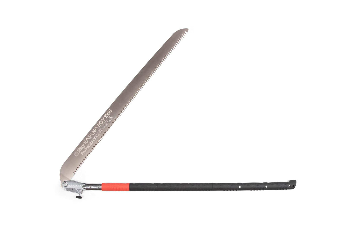 The SHT Silky Katana Boy is a long, curved folding saw with a serrated blade and black handle, designed for efficient two-handed cutting of tree branches.