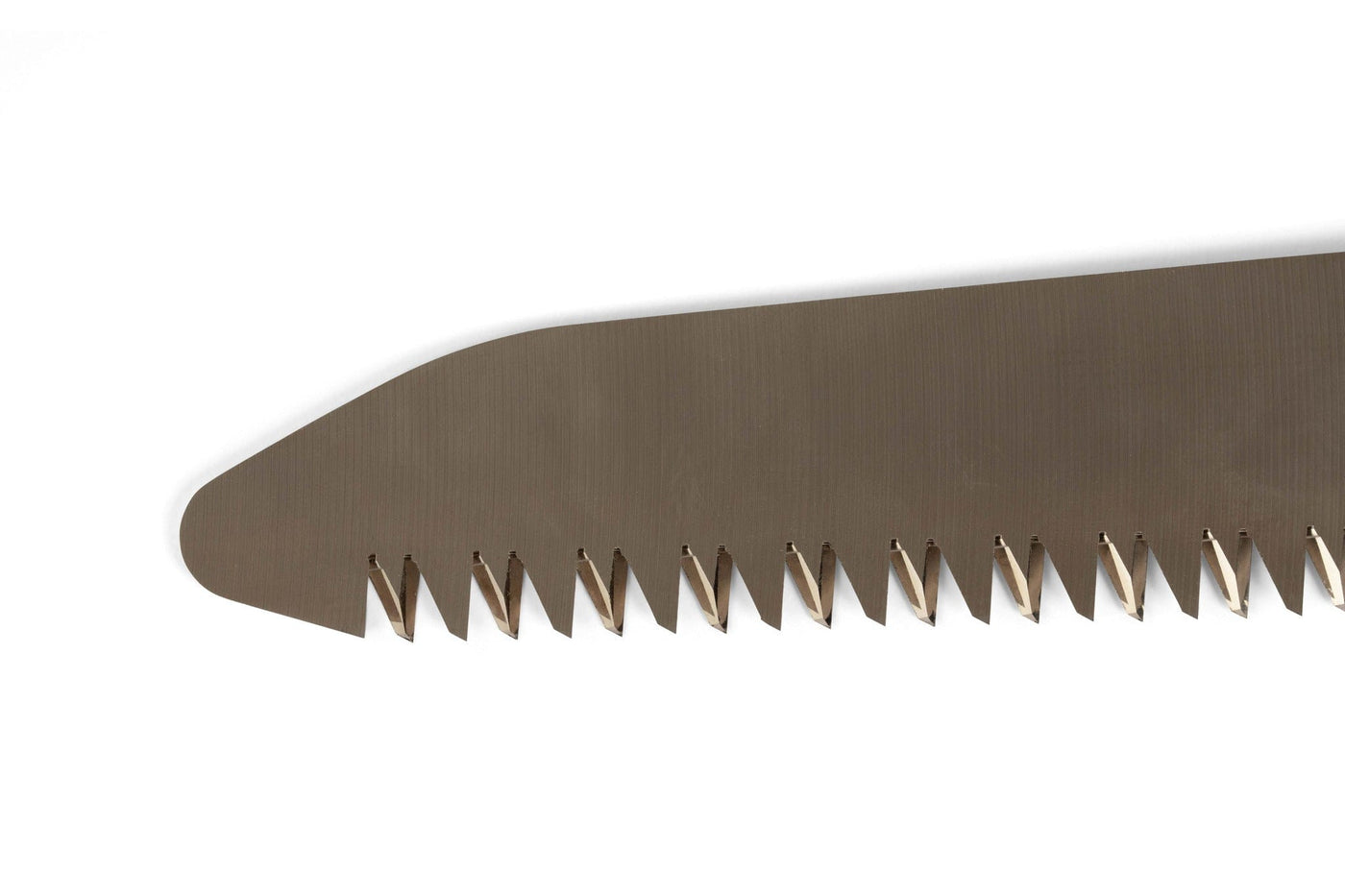 Close-up of the serrated metal blade of an SHT Silky Katana Boy folding saw, displaying sharp, evenly spaced teeth against a white background.