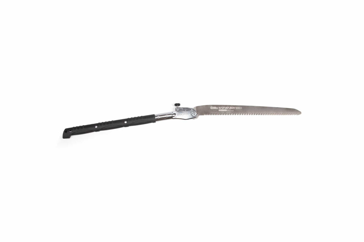 The SHT Silky Katana Boy folding saw features a black handle and a partially extended silver blade with serrated teeth, shown on a plain white background—ideal for those seeking compact, precise cutting performance.