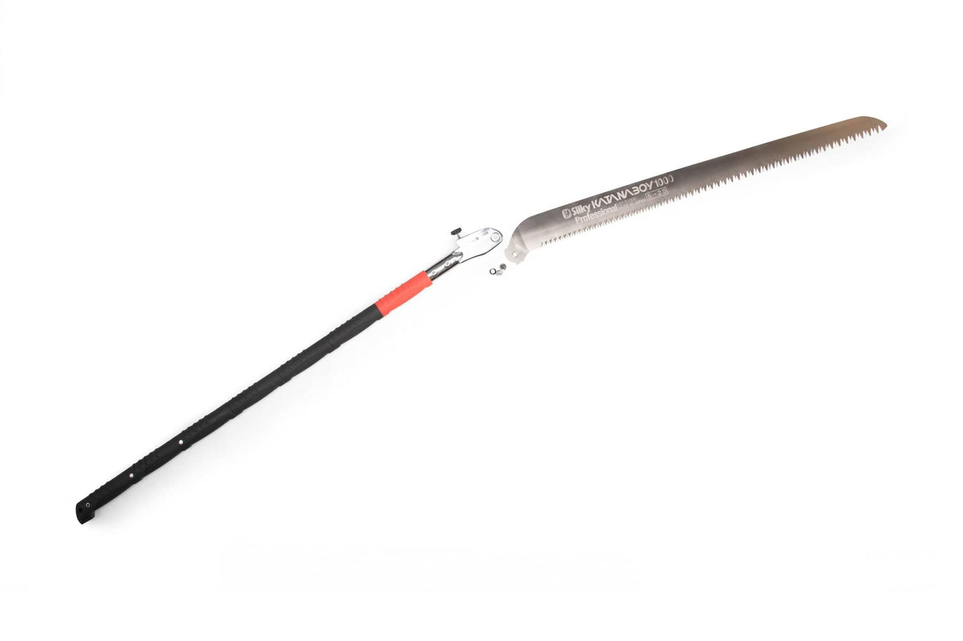 The SHT Silky Katana Boy is a long-handled pruning saw with a black and red extendable handle and a curved silver blade with large teeth, designed for cutting tree branches.