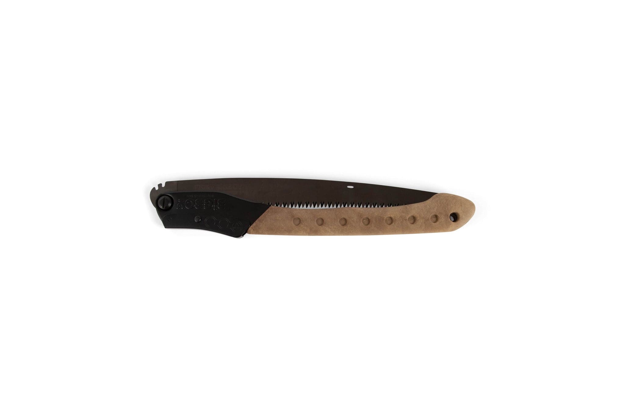 The SHT Silky Outback Folding Saw features a black metal blade and a light brown handle, shown on a white background.