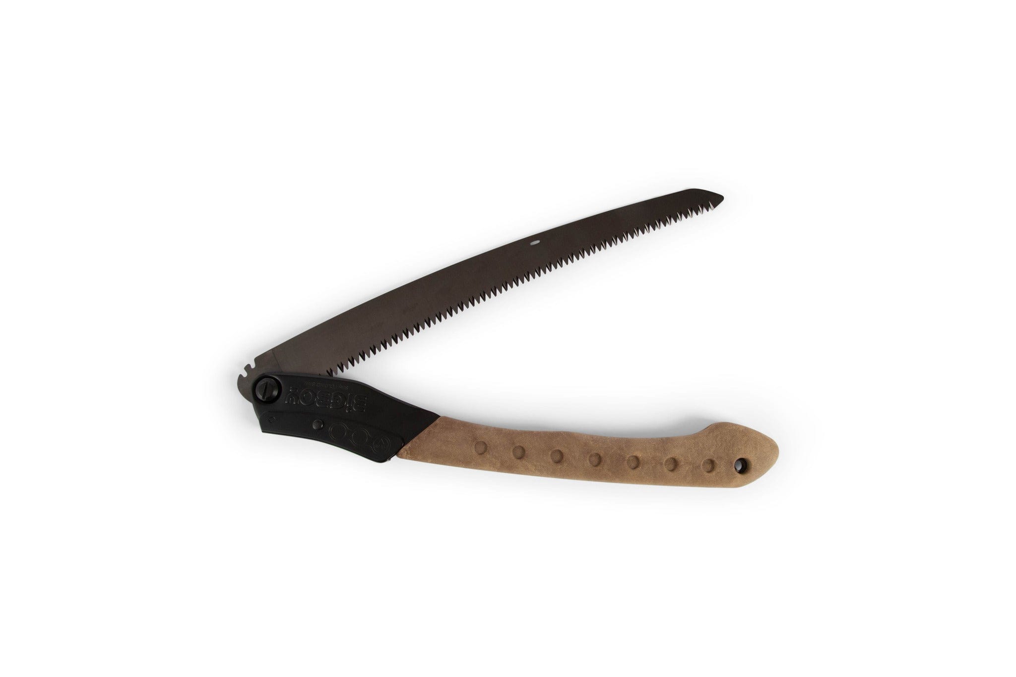 The SHT Silky Outback Folding Saw features a durable, curved serrated blade partially extended from a tan and black handle, making it perfect for outdoor projects or as a reliable hunting saw, displayed against a white background.