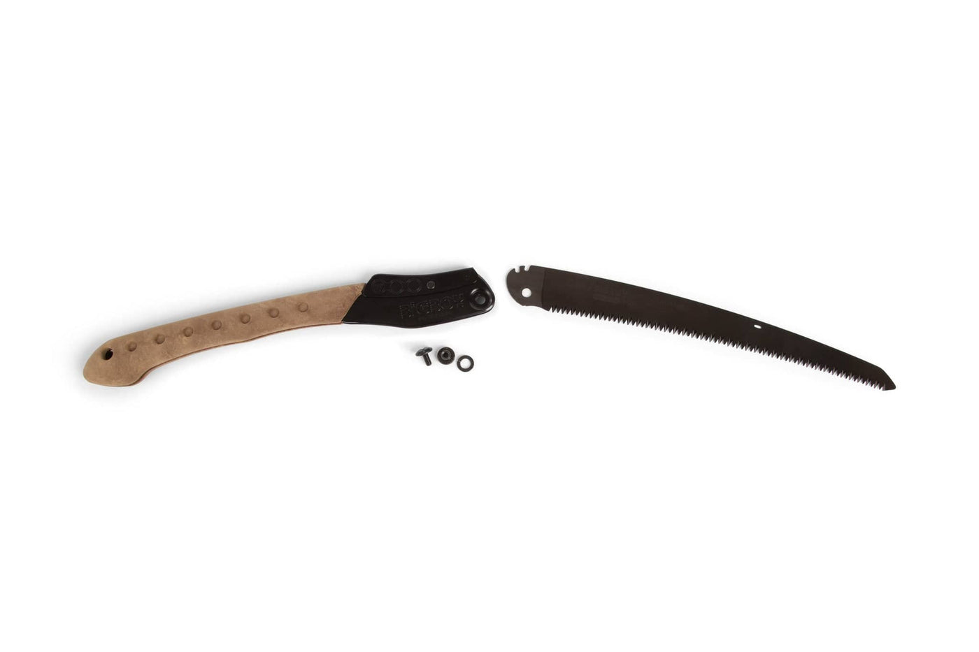The SHT Silky Outback Folding Saw is shown disassembled with a tan and black handle, curved blade, and two screws on a white background—an ideal, durable hand saw for hunting or outdoor tasks.