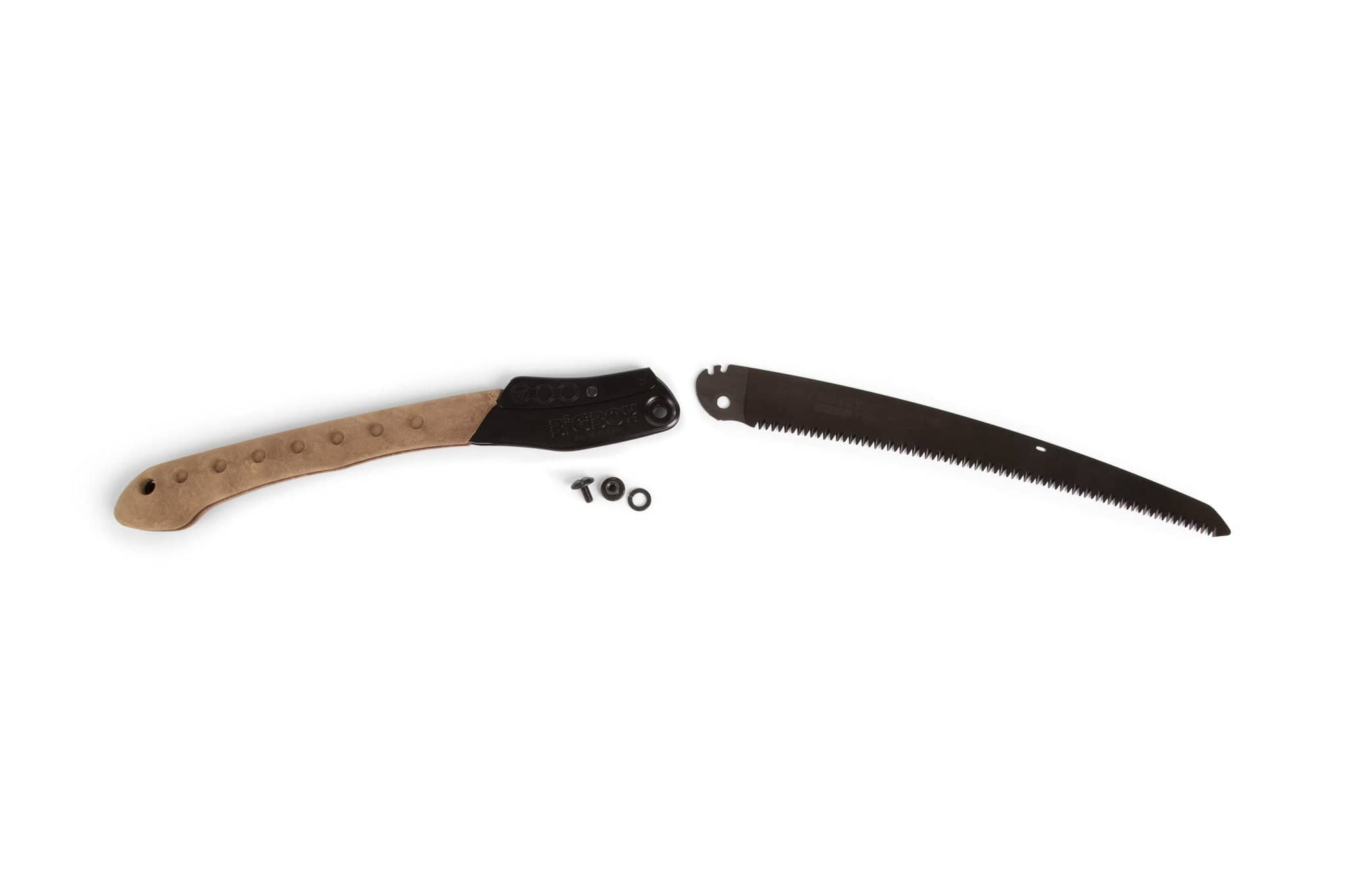 The SHT Silky Outback Folding Saw is shown disassembled with a tan and black handle, curved blade, and two screws on a white background—an ideal, durable hand saw for hunting or outdoor tasks.