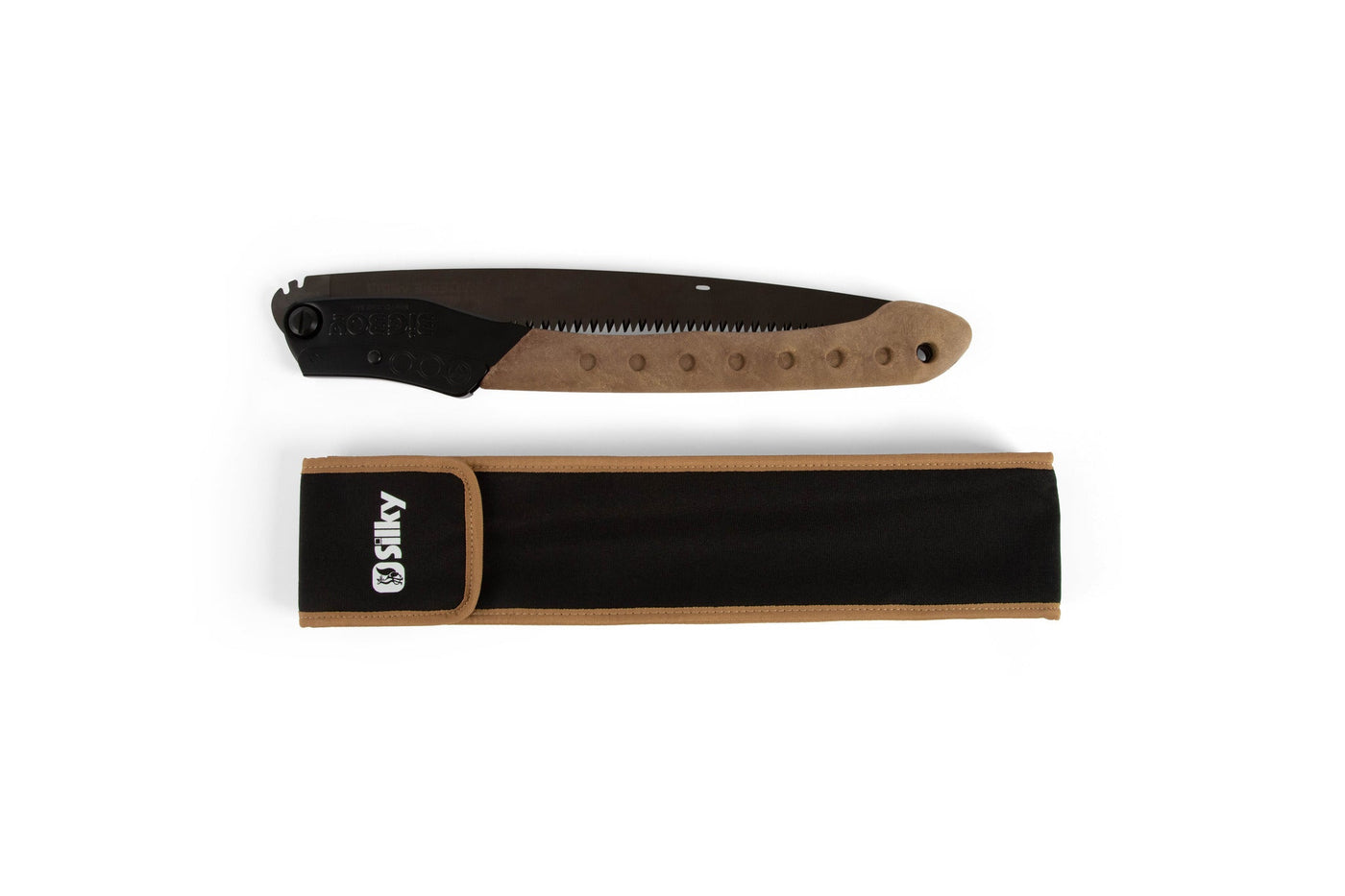 The Silky Outback Folding Saw by SHT features a durable tan and black handle and is shown above a black carrying case with tan trim and a white Silky logo on the flap, displayed on a white background.