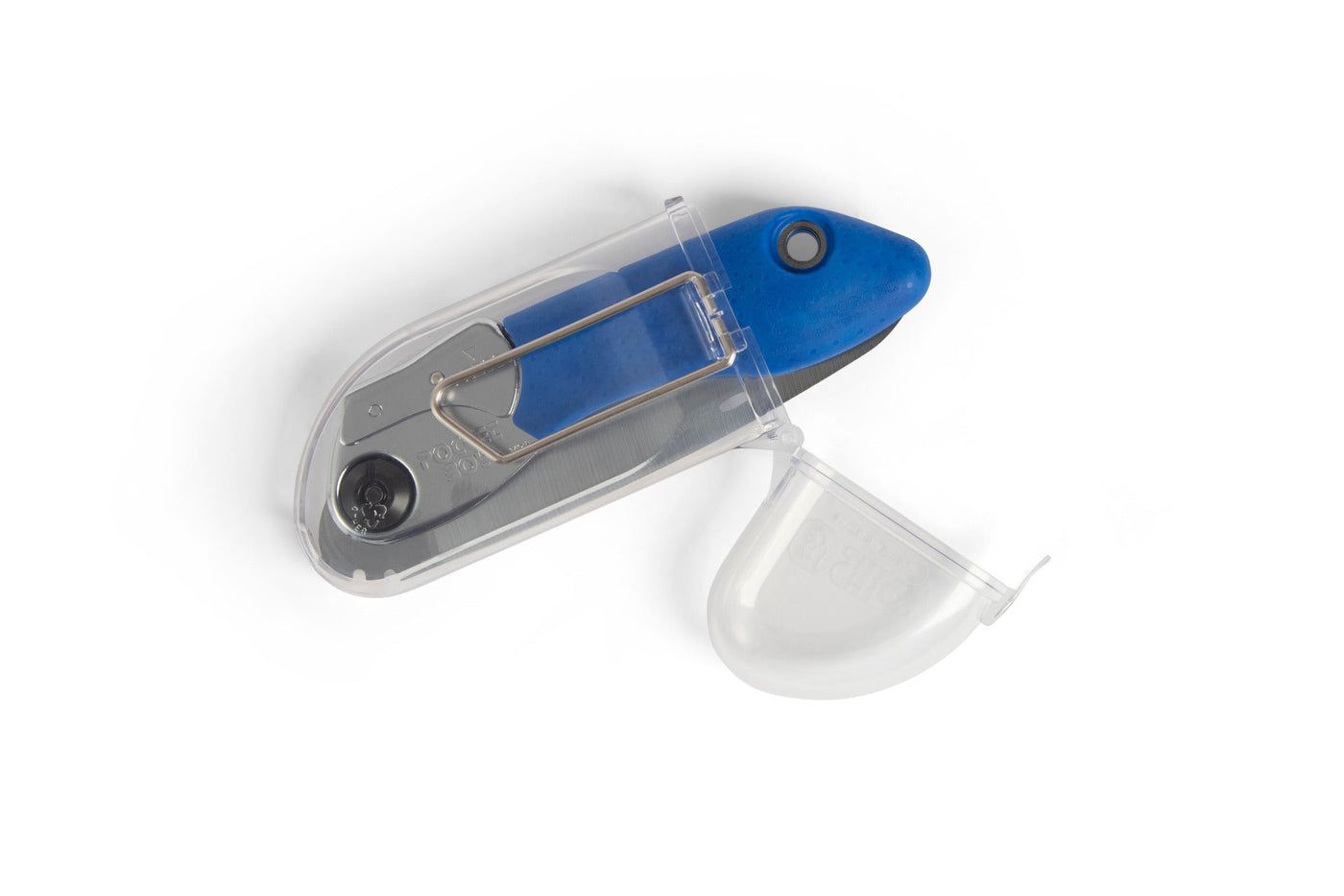 The SHT Silky Pocket Boy 130 Folding Saw, in blue and silver with a clear plastic cover, is shown partially open on a white background, highlighting its compact, saw-inspired design.