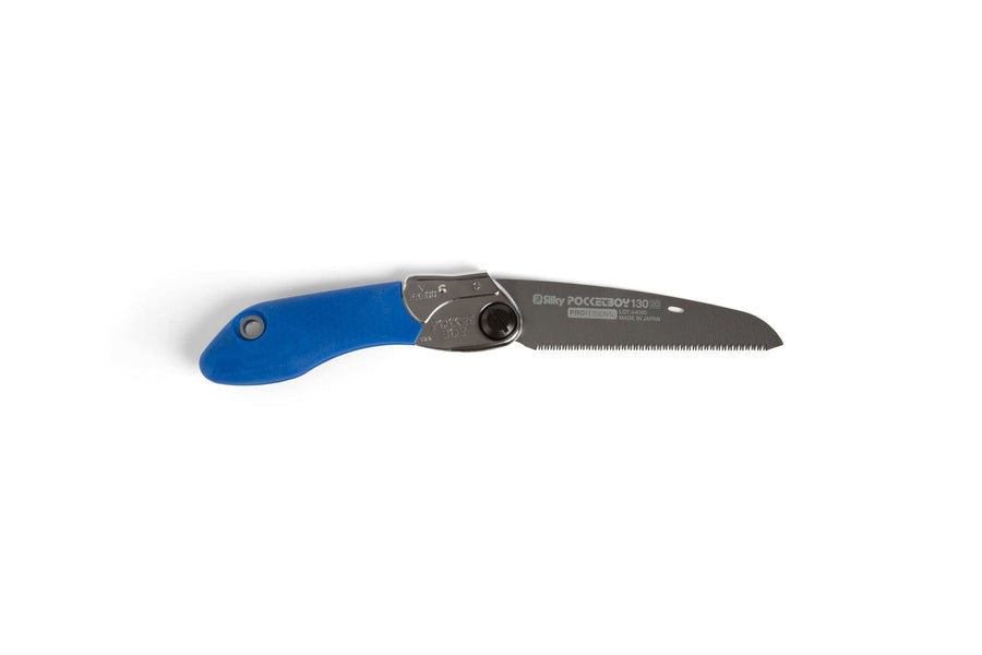 The SHT Silky Pocket Boy 130 Folding Saw features a blue handle and a partially extended serrated blade, shown against a white background—ideal as a compact, portable handsaw for quick, convenient cutting tasks.