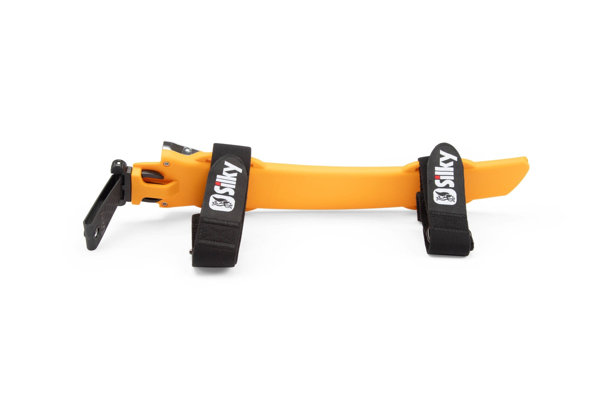 A yellow curved saw sheath by SHT, with two black adjustable straps and a belt clip, designed for the Silky SUGOI 390mm Japanese pruning saw—ideal for professional arborists.