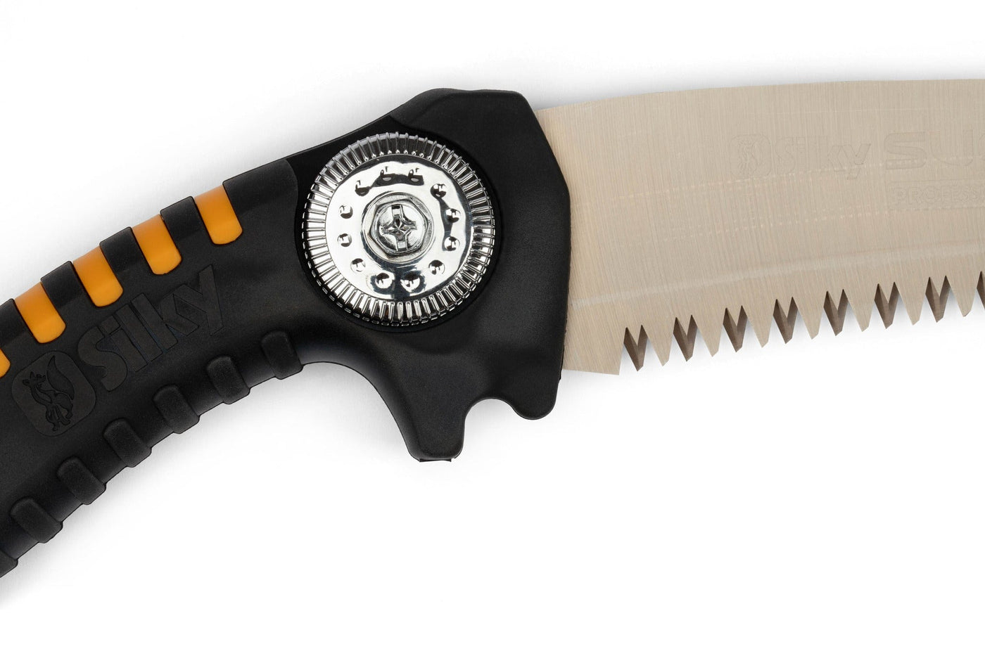 Close-up of the SHT Silky SUGOI 390mm Japanese pruning saw, highlighting its orange and black handle, shiny locking mechanism, and partially open serrated blade.