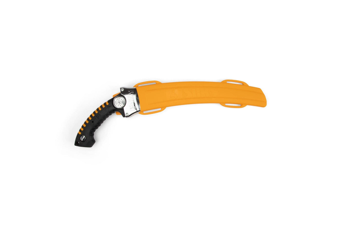 The SHT Silky SUGOI 390mm pruning saw features a black and yellow handle and comes with a bright yellow protective sheath with attachment slots. The tool looks new and clean.