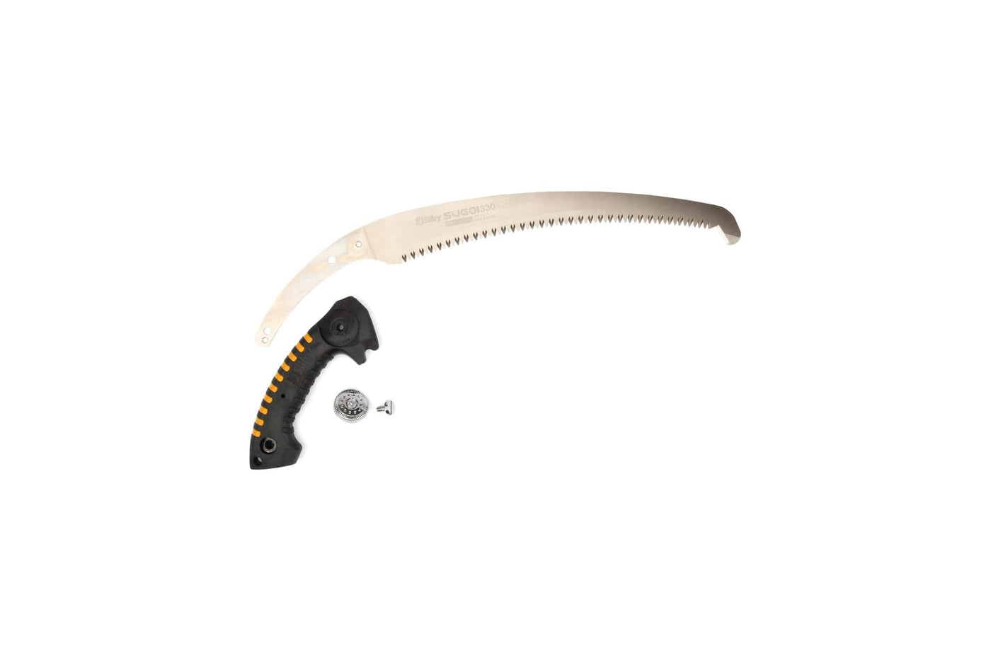 A Silky SUGOI 390mm replacement saw blade with sharp teeth, a black and orange SHT handle, a screw, and a round metal part are arranged on a white background—perfect for professional arborist or Japanese pruning saw use.