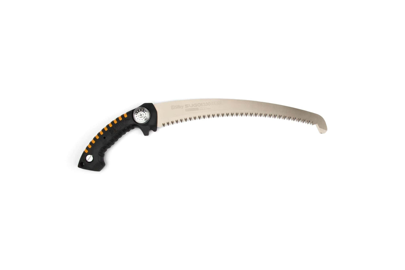 The SHT Silky SUGOI 390mm is a curved Japanese pruning saw with a black and orange ergonomic handle and silver serrated blade, perfect for cutting branches and trimming trees—ideal for professional arborists.