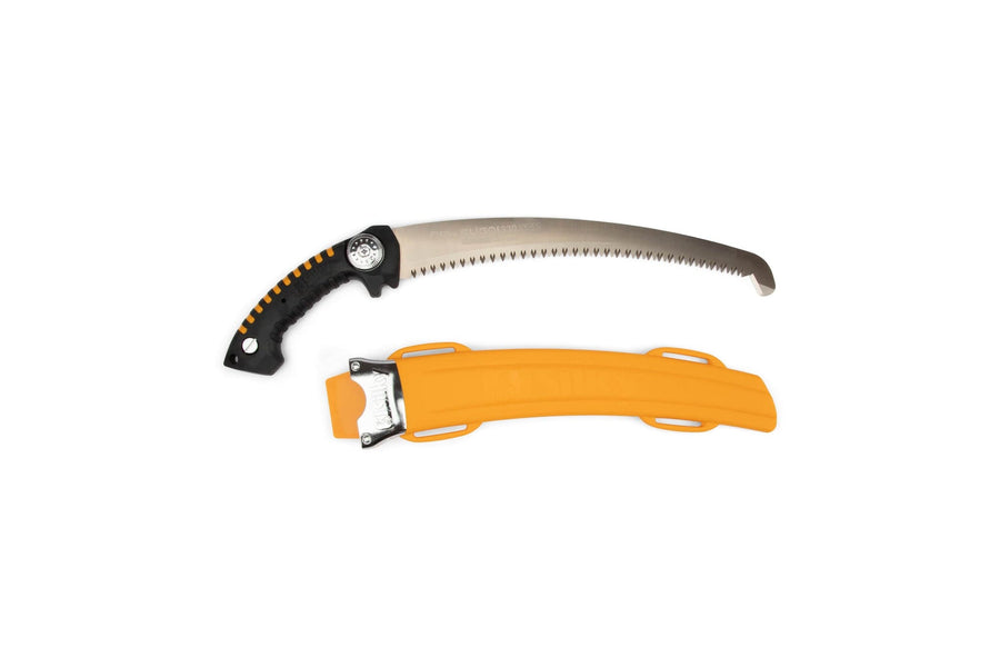 The SHT Silky SUGOI 390mm curved Japanese pruning saw with a black and orange handle is displayed above its matching bright orange sheath on a white background.