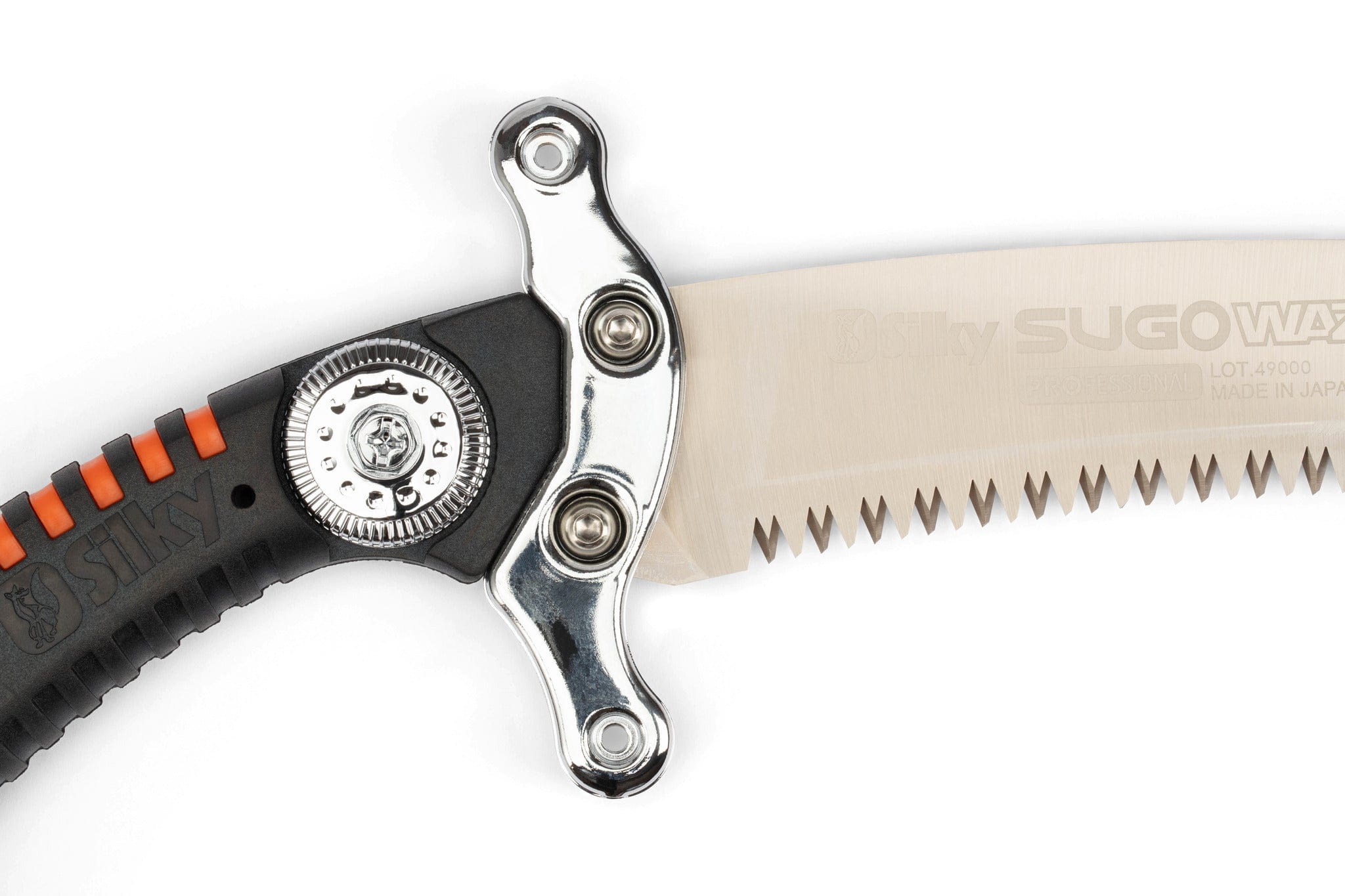 Close-up of the SHT Silky SUGOWAZA Professional 420mm saw handle and serrated blade featuring Mirai-Me teeth, a metal hinge, black and orange grip, and part of the engraved brand name on the blade.