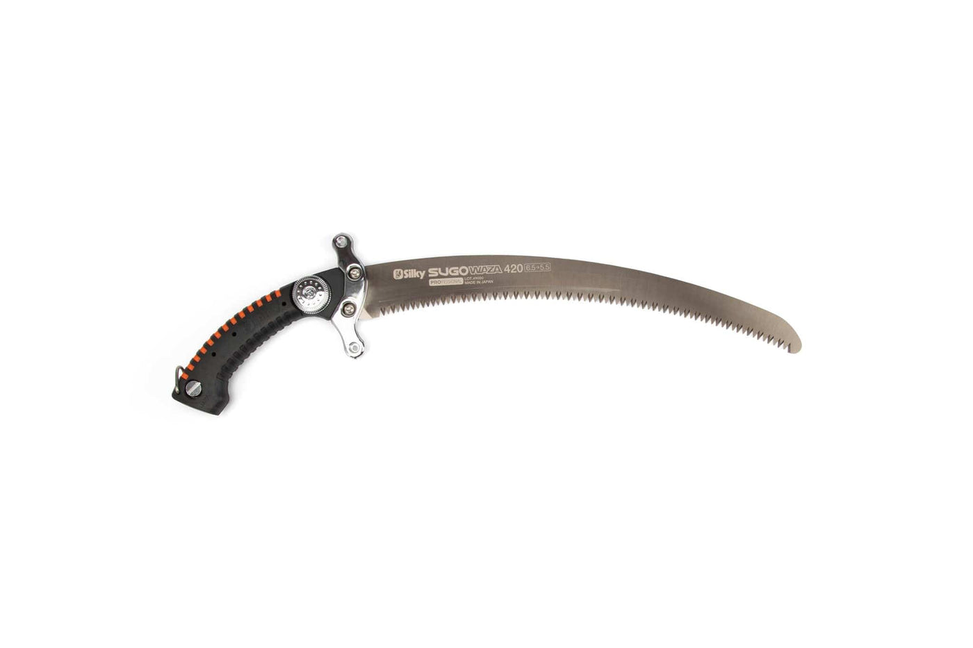 The SHT Silky SUGOWAZA Professional 420mm is a curved silver saw with a black handle, orange accents, and Mirai-Me serrated teeth, shown on a white background.