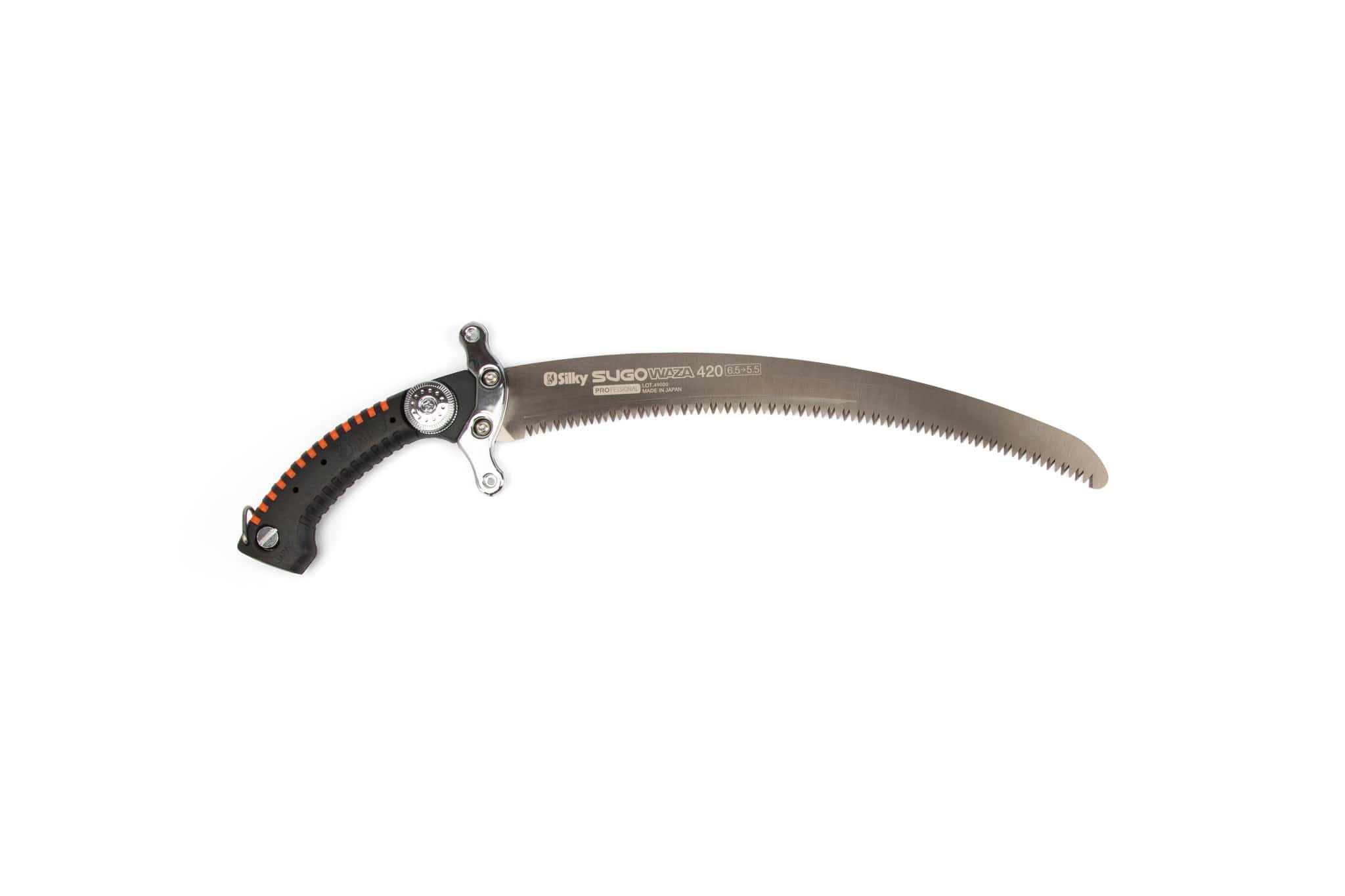 The SHT Silky SUGOWAZA Professional 420mm is a curved silver saw with a black handle, orange accents, and Mirai-Me serrated teeth, shown on a white background.