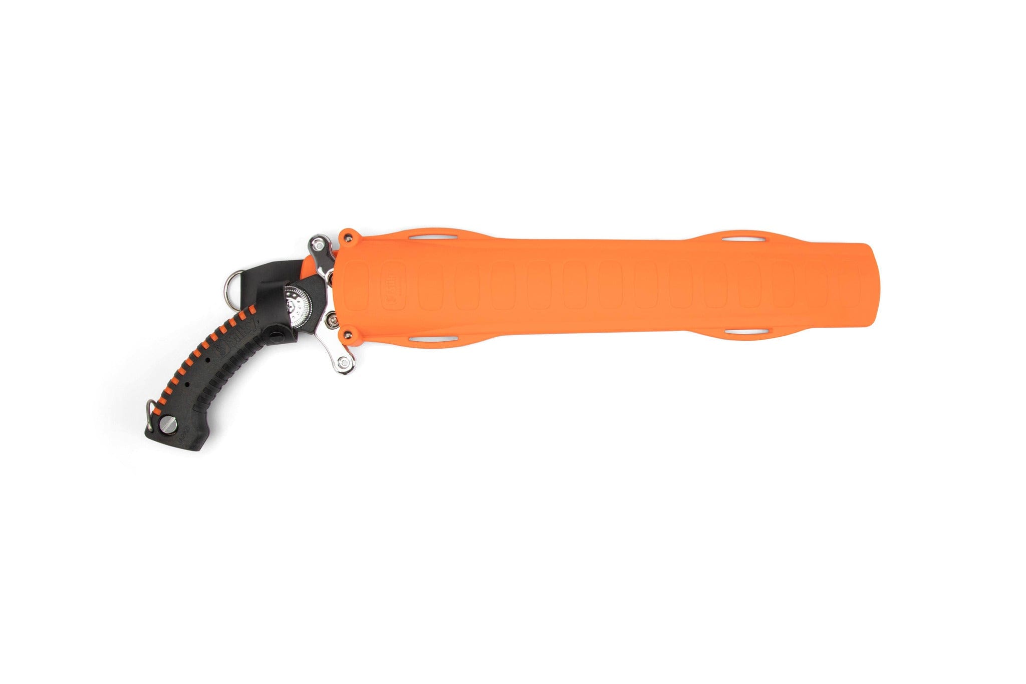 The SHT Silky SUGOWAZA Profesional 420mm folding saw, featuring a black and orange handle and Ono Japan NKS85 steel blade, partially enclosed in an orange sheath, is displayed against a white background.