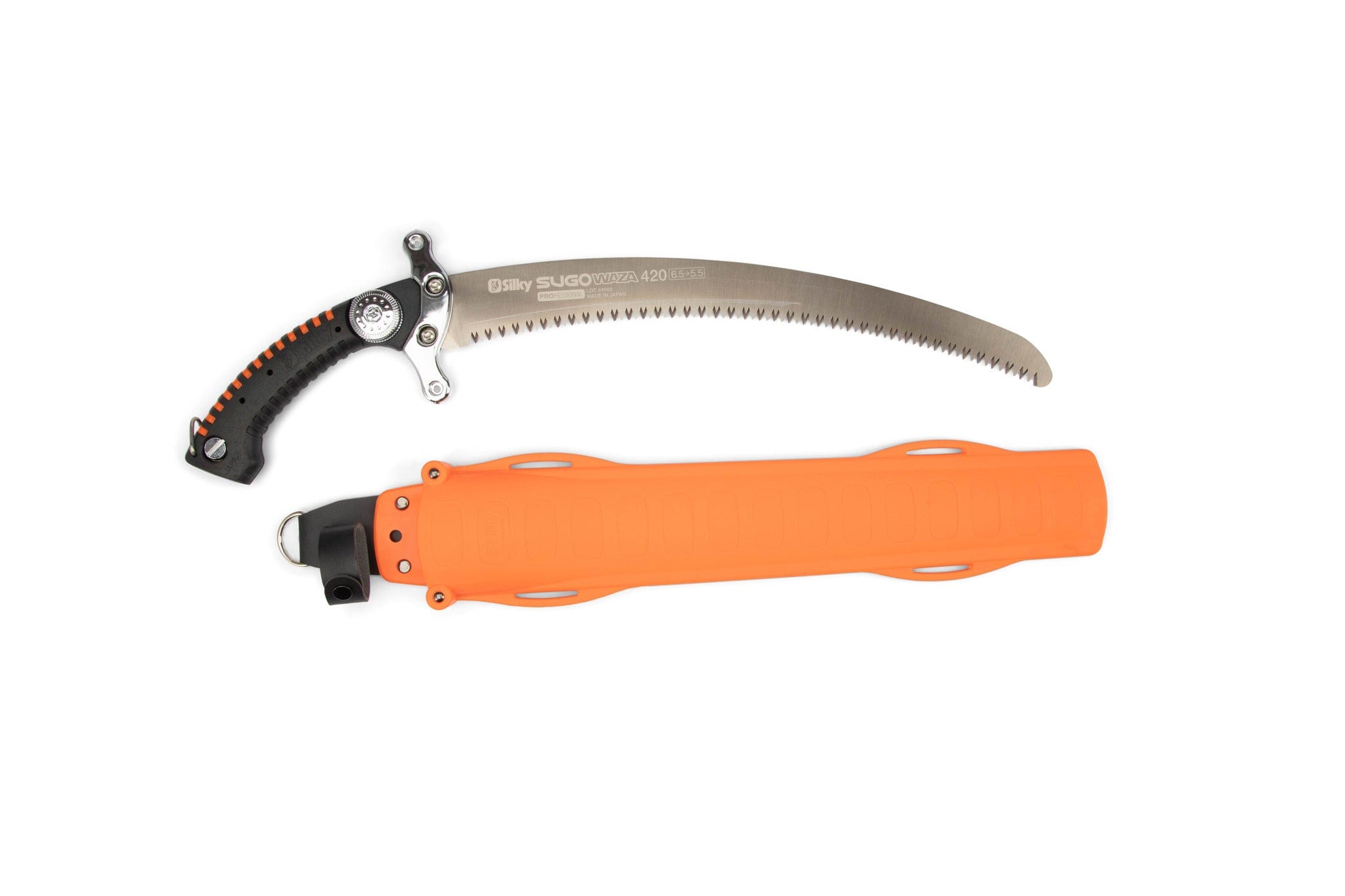 The SHT Silky SUGOWAZA Professional 420mm curved pruning saw with a black and orange handle sits above its orange plastic sheath, featuring a long serrated blade with Mirai-Me tooth design for smooth, fast cuts on a white background.