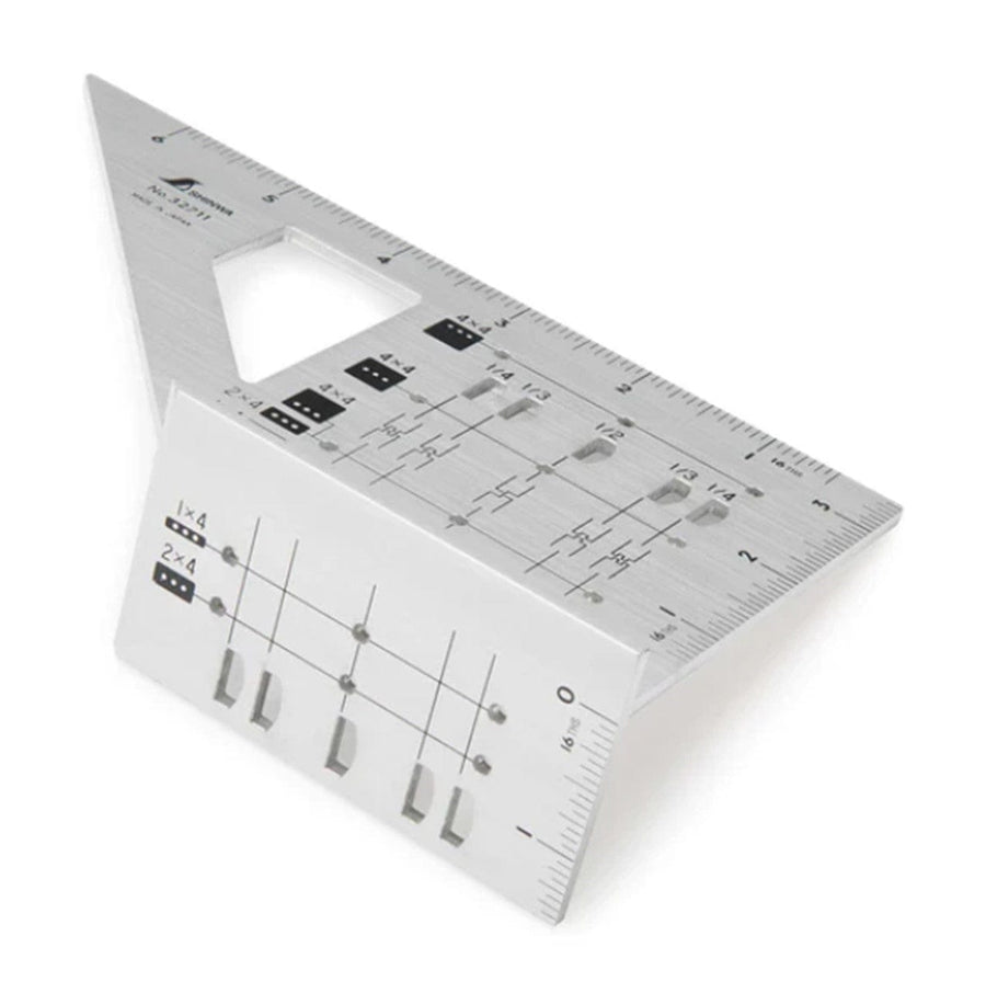 The SHWA Shinwa Aluminum 2x4 Layout Tool, featuring measurement markings, an angle guide, and a cutout handle, ideal for lumber projects, is displayed on a white background.