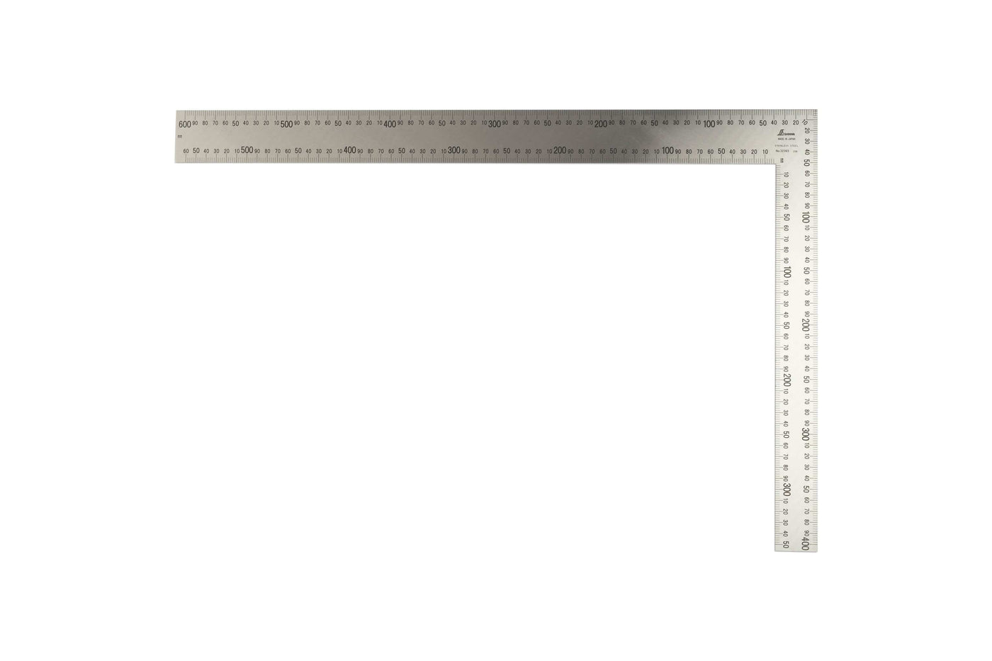 The SHWA Shinwa Japanese Framing Square is a stainless steel carpenter’s tool with engraved metric and imperial markings, shown on a white background.